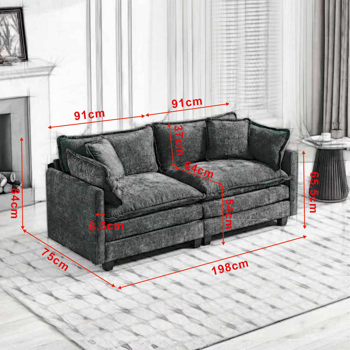 2-SITZER-SOFA aus Chenille in Schwarz mit modularem Design - Schwarz, Textil (75/84/198cm) - Modfu
