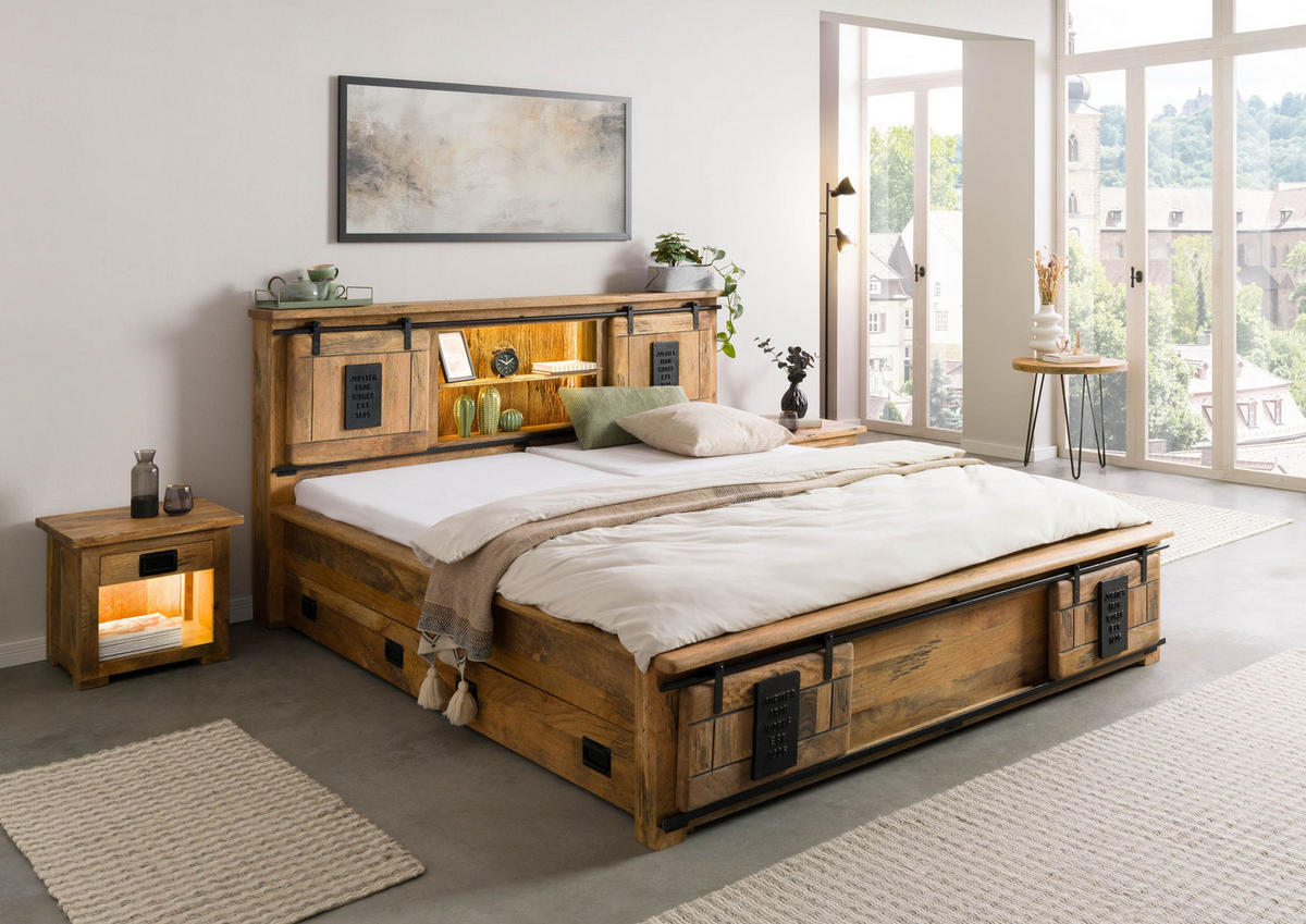 HOLZBETT mit Schublade Mango / Altholz 200x200 natur lackiert RAILWAY LUX #110 - Braun, Holz (200/200cm) - Massivmoebel24