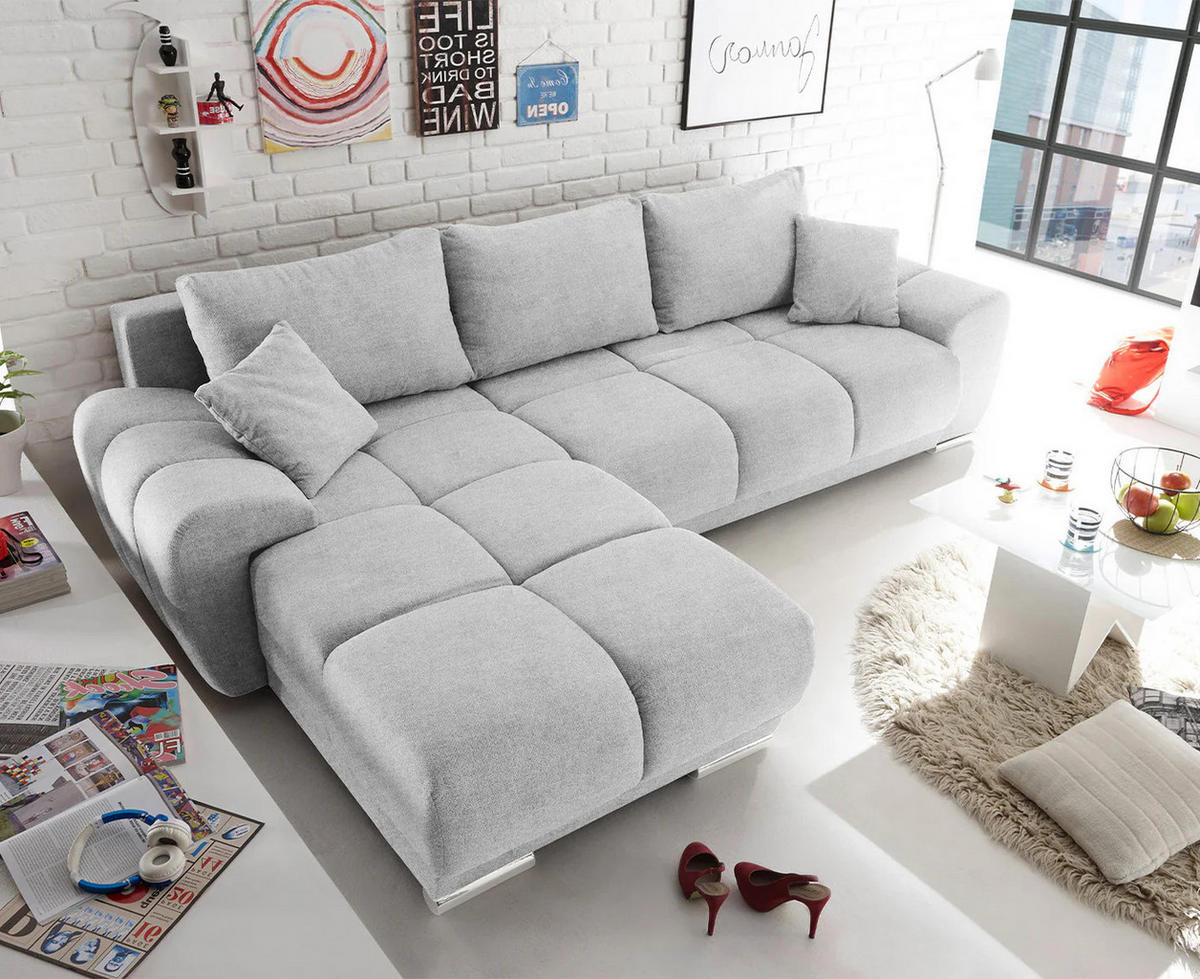 ECKSOFA beidseitig montierbar, Schlaffunktion mit Bettkasten - Chromfarben/Silberfarben, Textil (289/189cm) - ed exciting design