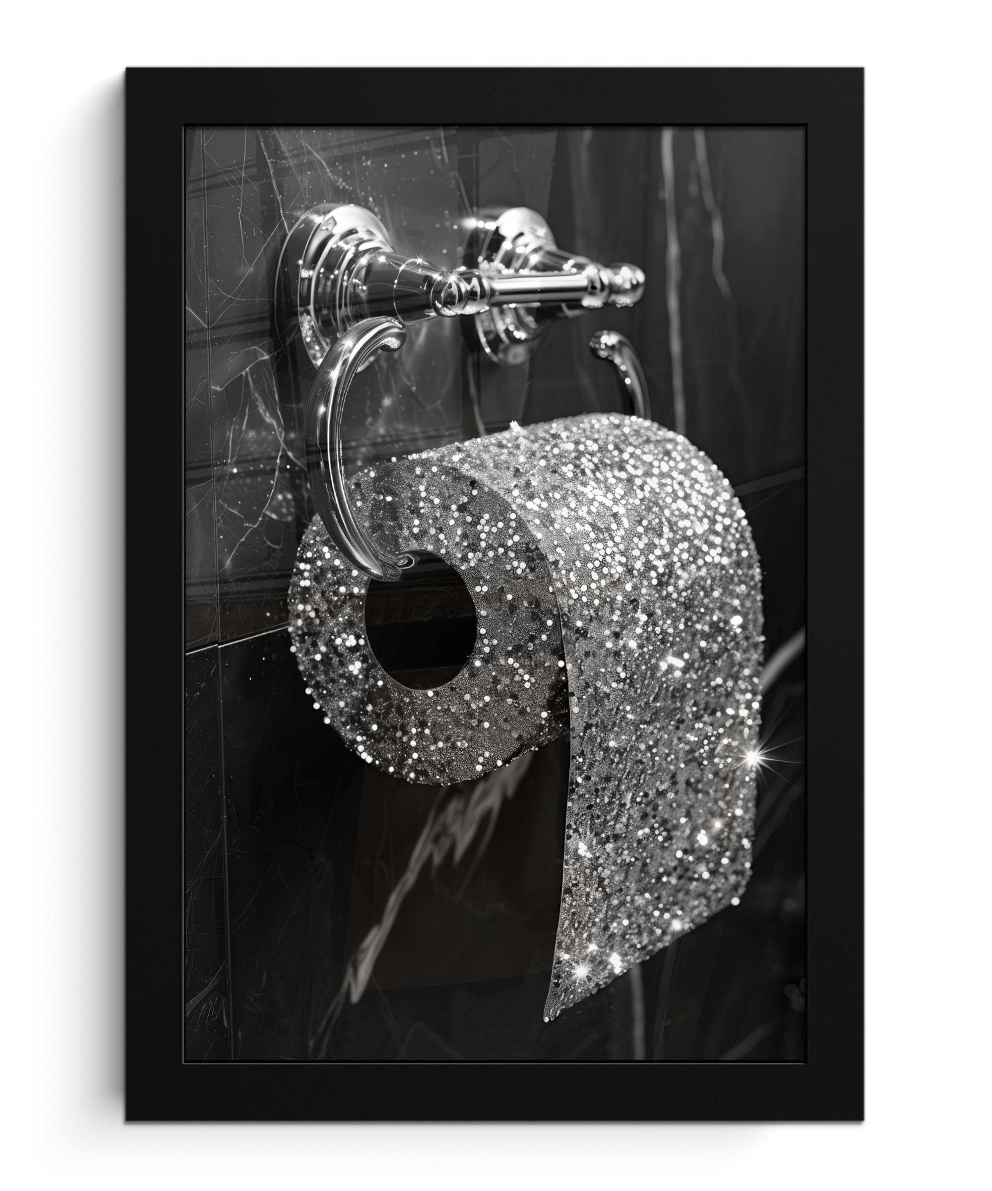 GERAHMTES BILD WC - Toilettenpapier - Schwarz und weiß - Glitter 20x30 cm - Silberfarben, Papier (20/30cm) - MuchoWow