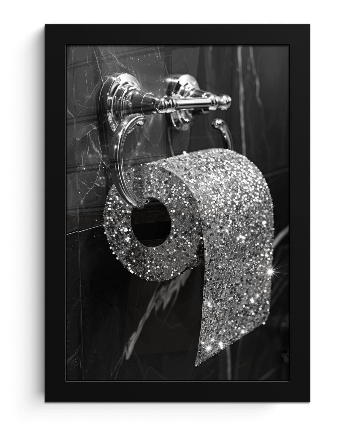 GERAHMTES BILD WC - Toilettenpapier - Schwarz und weiß - Glitter 20x30 cm - Silberfarben, Papier (20/30cm) - MuchoWow