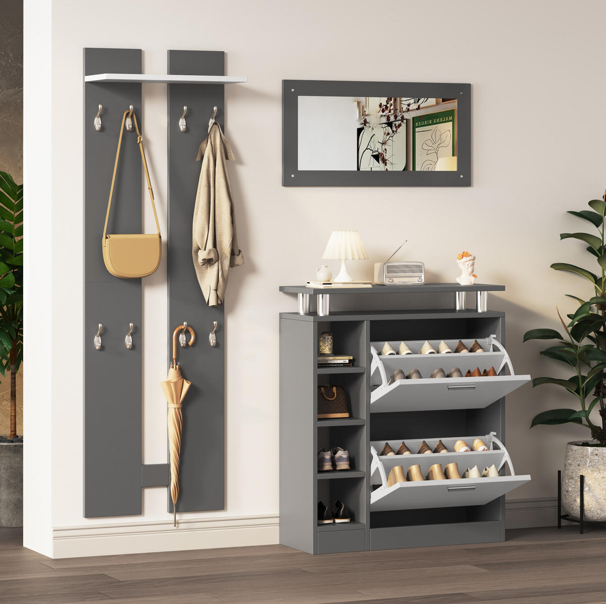 GARDEROBENSET mit Spiegel 80 x 25 x 96,5 cm Grau 4-tlg. - Grau, Holz (25/96.5/80cm) - Beauniv