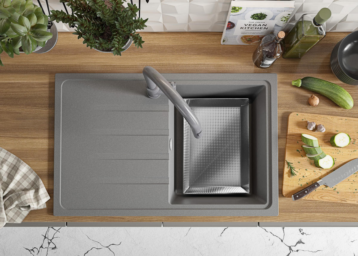 SPÜLBECKEN Mailand, 2-er set Grau 78/50 cm 1 Becken + Ablauf-Set ab 45er Unterschrank - Chromfarben/Grau, Kunststoff (78/19/50cm) - Primagran