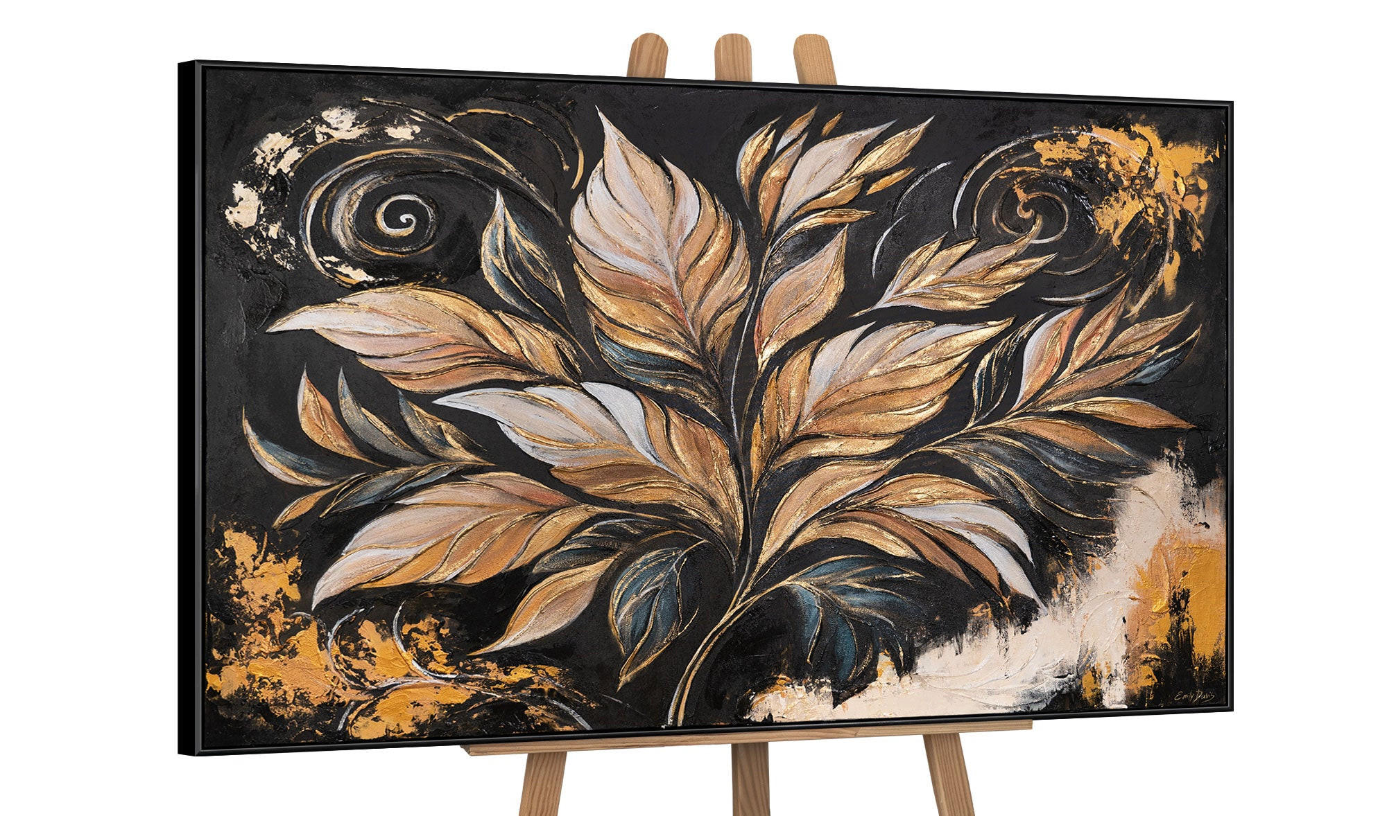 GEMÄLDE Goldene Blätter Schattenfugenrahmen Schwarz 140x100 cm - Schwarz, Holz (140/100cm) - YS-art gallery