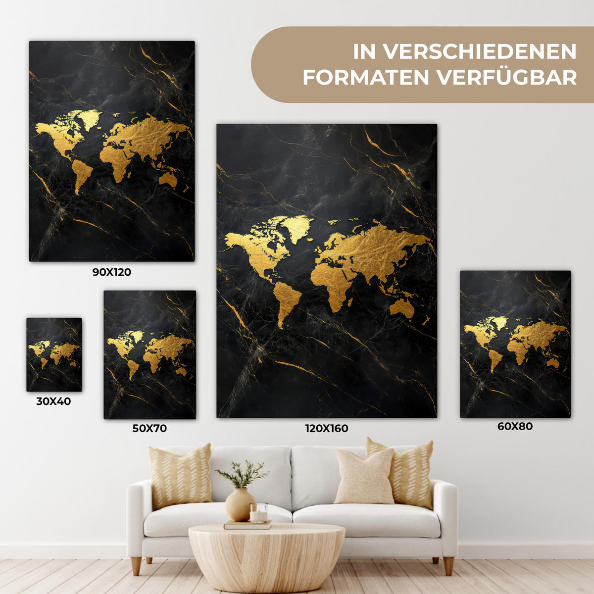 LEINWANDBILD Weltkarte - Gold - Marmor 60x80 cm - Goldfarben, Textil (60/80cm) - MuchoWow