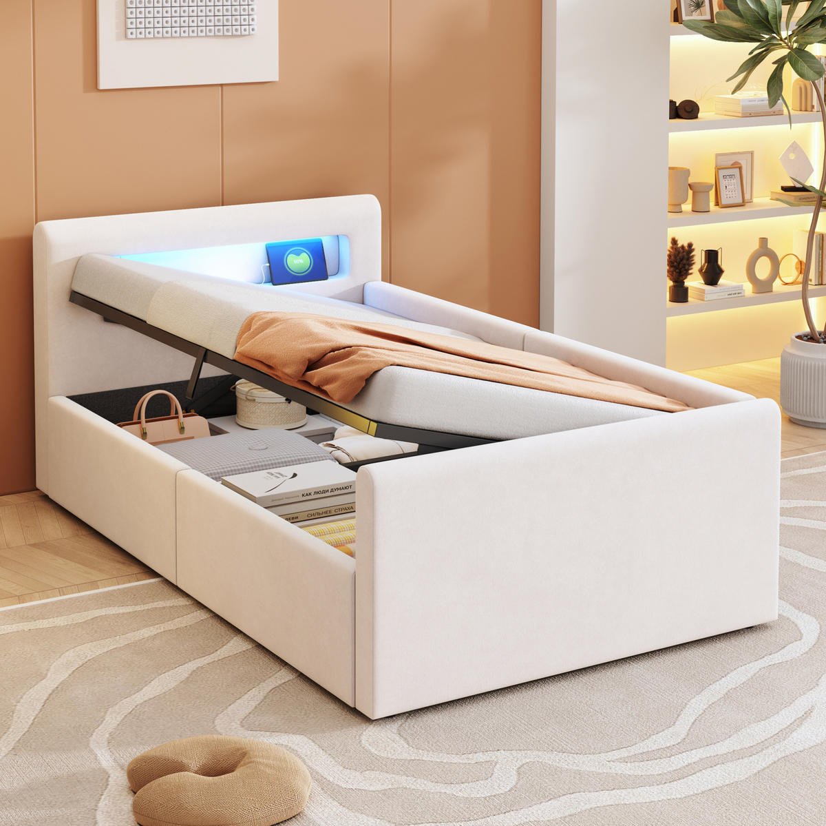 KINDEREINZELBETTEN aus Samtstoff 90x200 cm in Beige mit LED & USB & Stauraum - Beige, Textil (90/200cm) - Modfu
