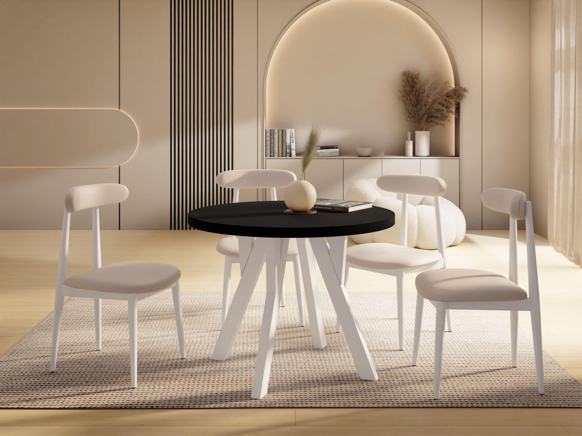 ESSTISCH Avero White runder ausziehbarer, Schwarz 90-190/90/77 cm - Schwarz/Weiß, Holz/Holzwerkstoff (90/90/77cm) - WFL GROUP