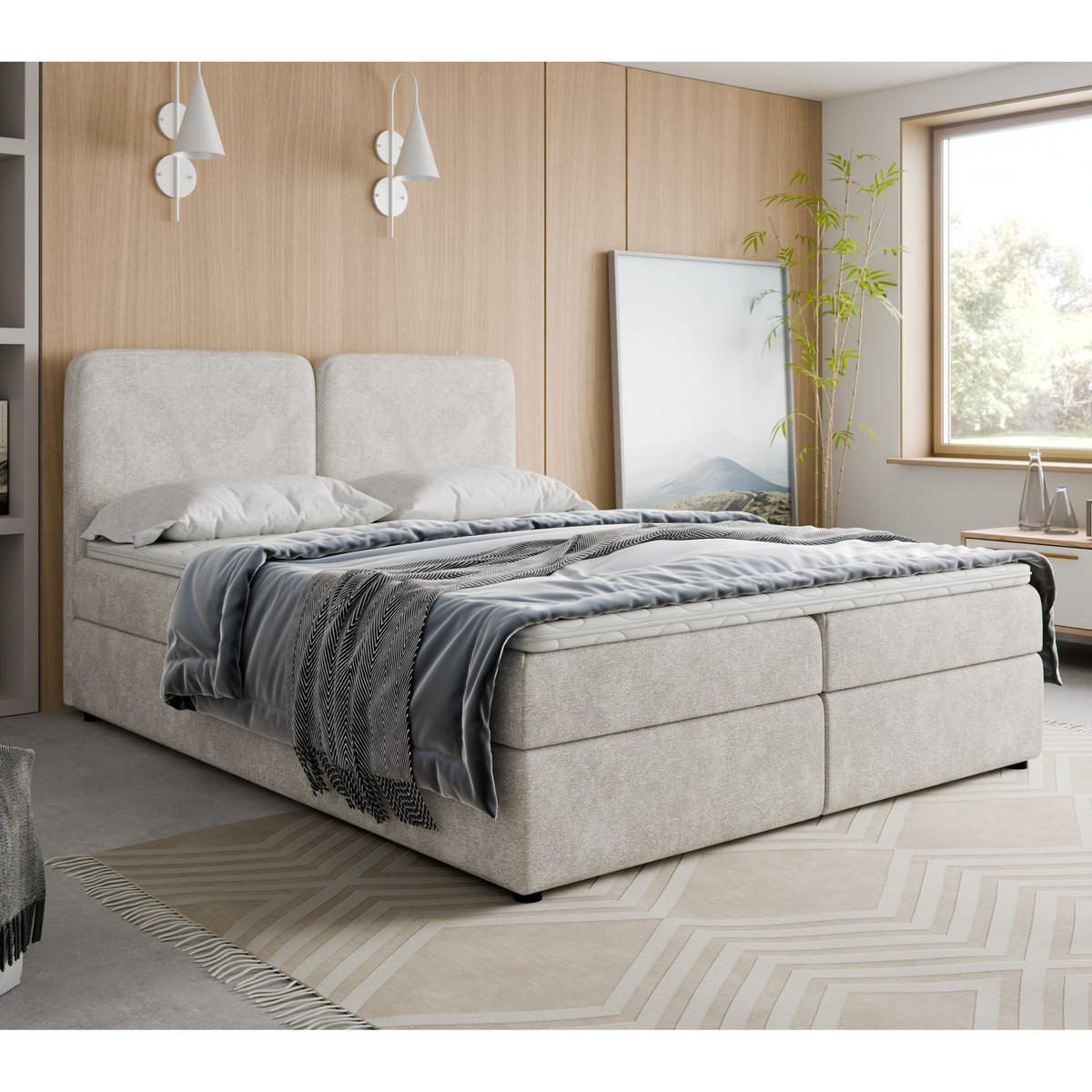 BOXSPRINGBETT BOHO 160x200 cm, Creme Bouclé Toro, inkl. Bettkasten & Topper - Creme, Textil (160/200cm) - Excellent Home