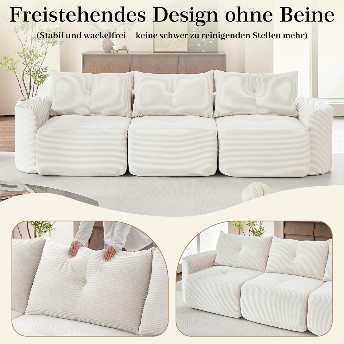 3-SITZER-SOFA 2+1 Wabi-Sabi Cord, DE-42909, Creme - Beige, Textil (279/94/100cm) - ComfortXL