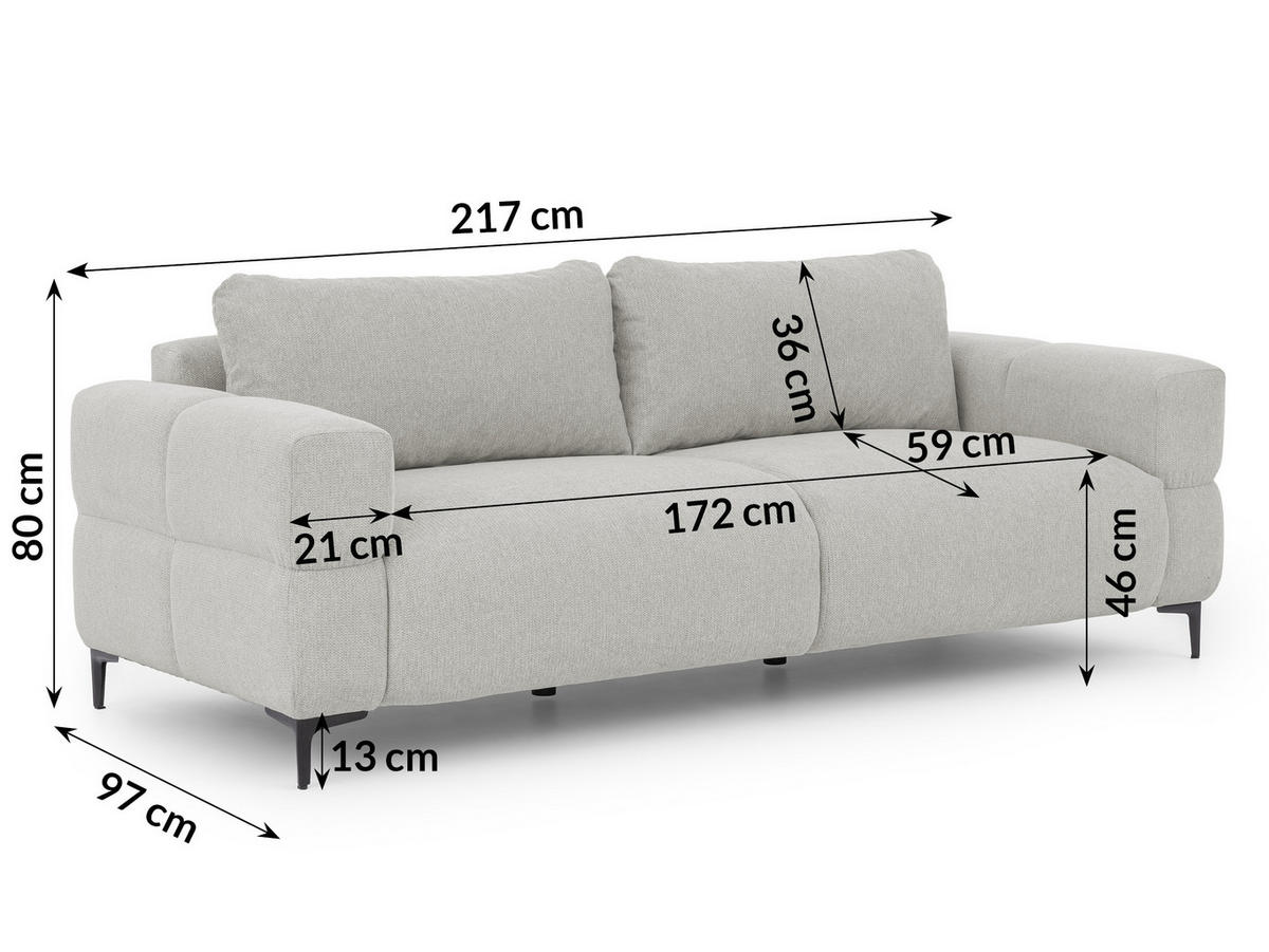 3-SITZER-SOFA Cardea in Bubble-Optik aus weichem Hellgrau Strukturstoff mit hohem Sitzkomfort - Hellgrau/Schwarz, Holz/Textil (217/80/97cm) - S-Style Möbel