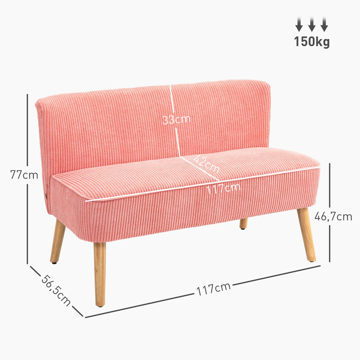 2-SITZER Sofa Rosa 117.0/56.5/77.0 cm - Rosa, Holz (56.5/77/117cm)