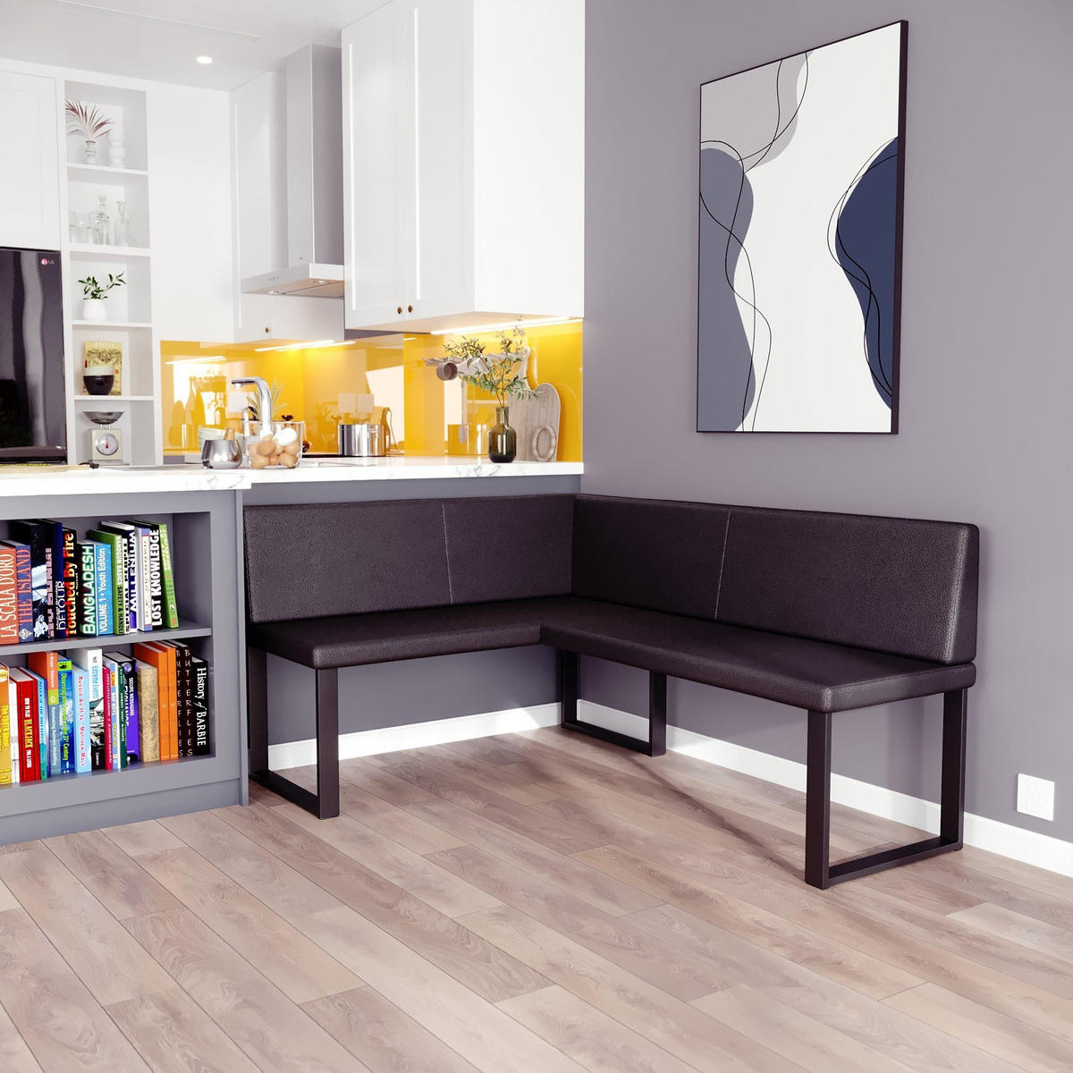 ECKBANK Alina - Kunstleder - 128 x 168 cm - Rechts- Schwarz - Schwarz, Leder/Metall (128/168cm) - AN-Moebel 4u