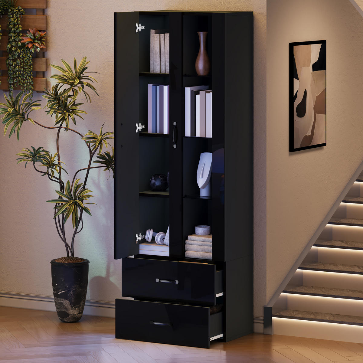 VITRINE LED 2 Türen Standvitrine Glas Schwarz - Schwarz, Holzwerkstoff (59.5/182/35cm) - FLIEKS