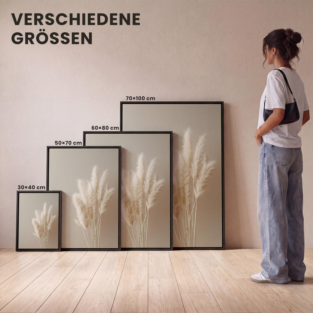 LEINWAND Bilder mit Rahmen - Pampasgras - Federn - Pastell - Weiß - 60x80 - Naturfarben, Textil (60/80cm) - MuchoWow