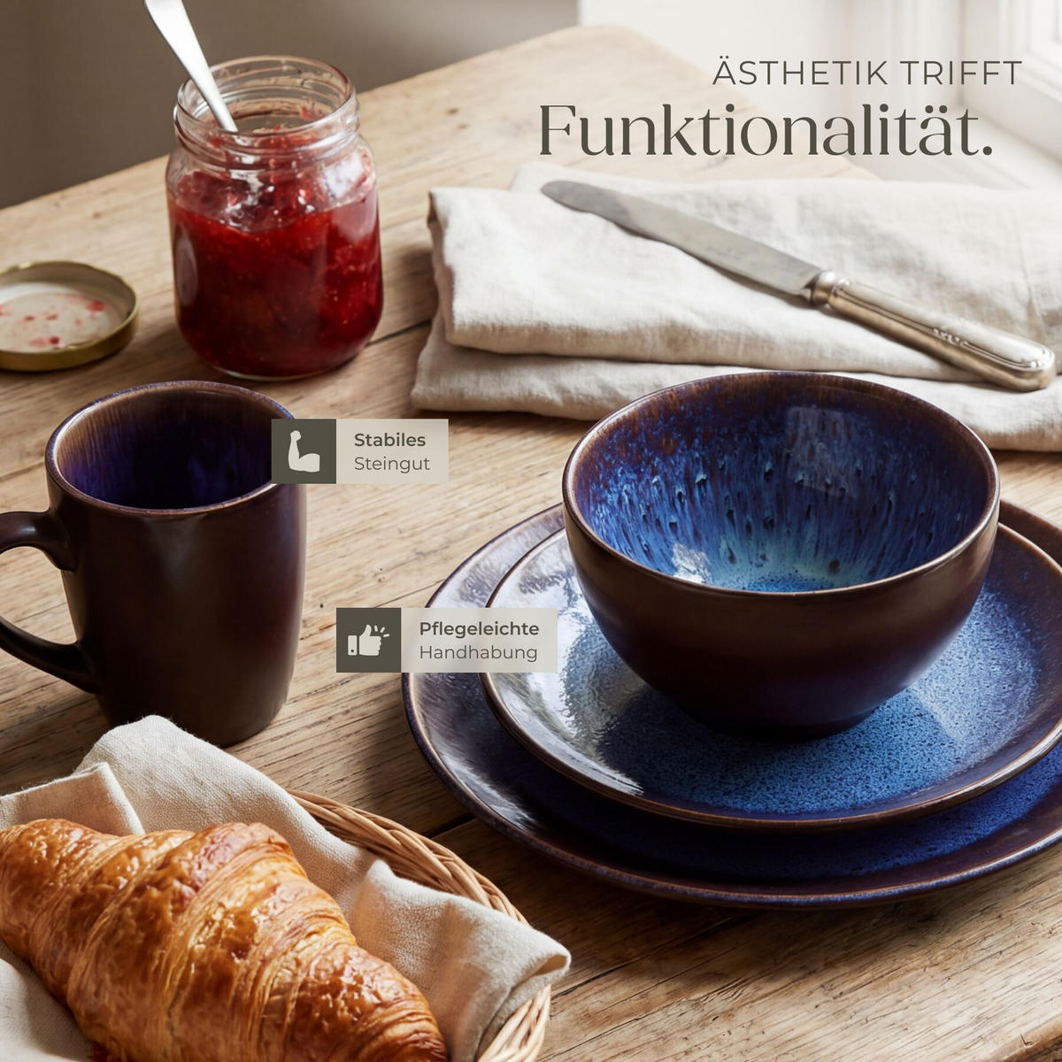 KOMBISERVICE Mare, ineinander stapelbar, blau/braun - Blau, Keramik (26.5/2.5/26.5cm) - tectake