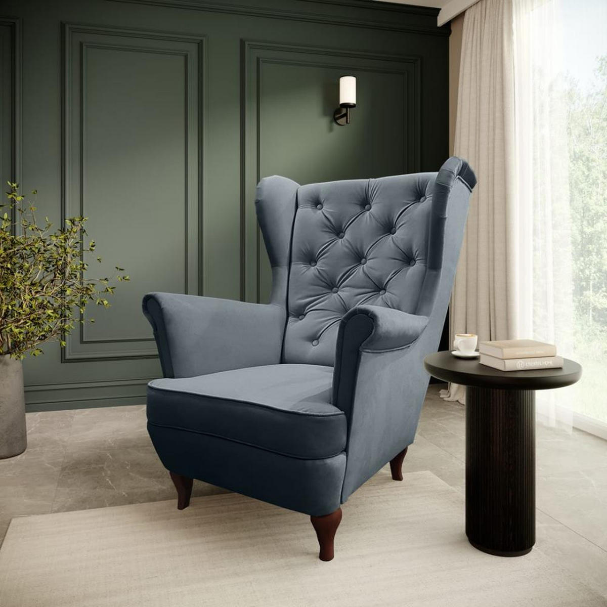 CHESTERFIELD-SESSEL Falco dunkellgrau mit Holzbeinen - Wengefarben/Dunkelgrau, Holz/Textil (82/102/92cm) - Beautysofa