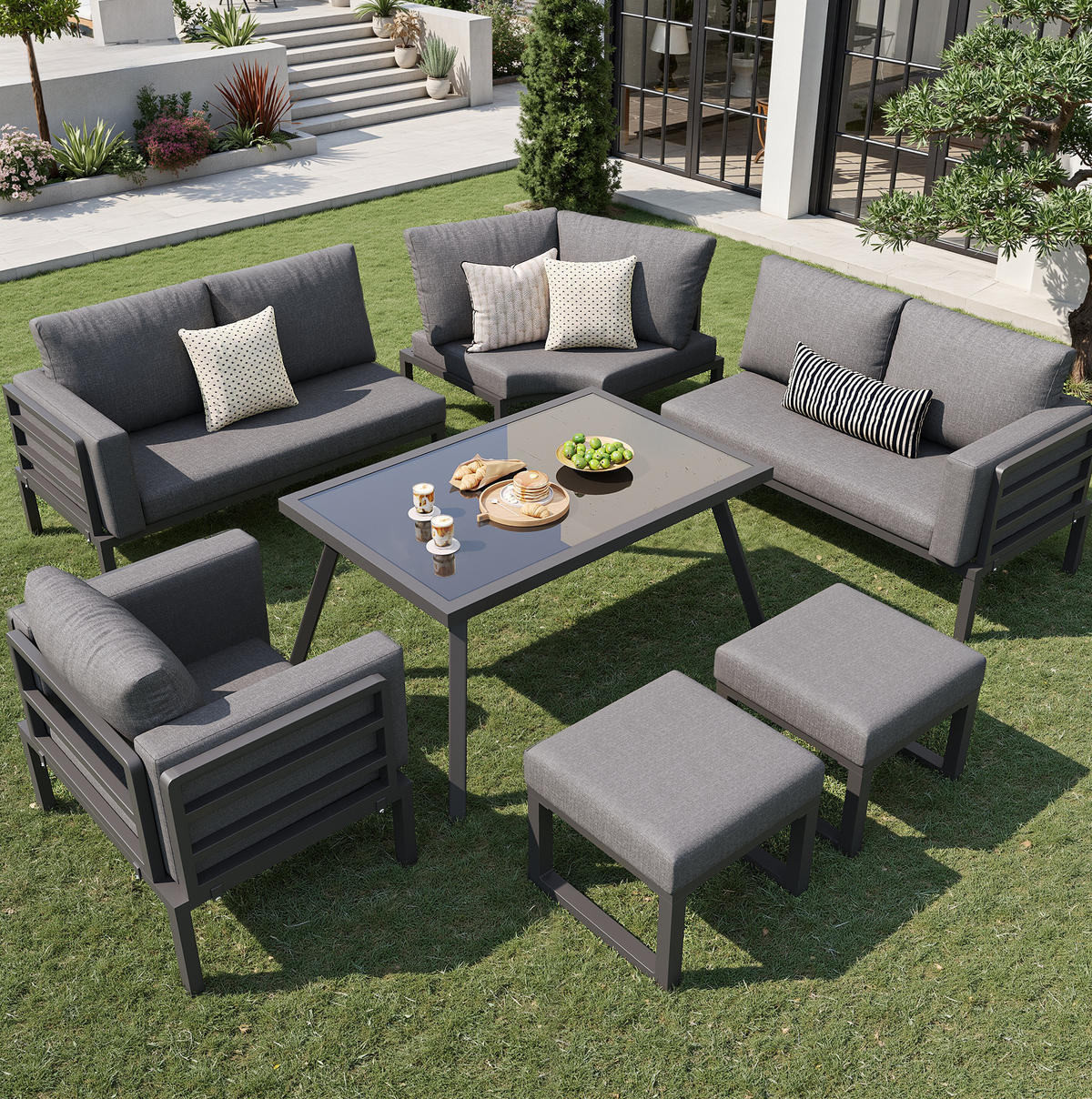 GARTENSETS aus Eisen 114x60x77cm Grau mit Sicherheitsglas-Coffeetable - Grau, Metall - Modfu