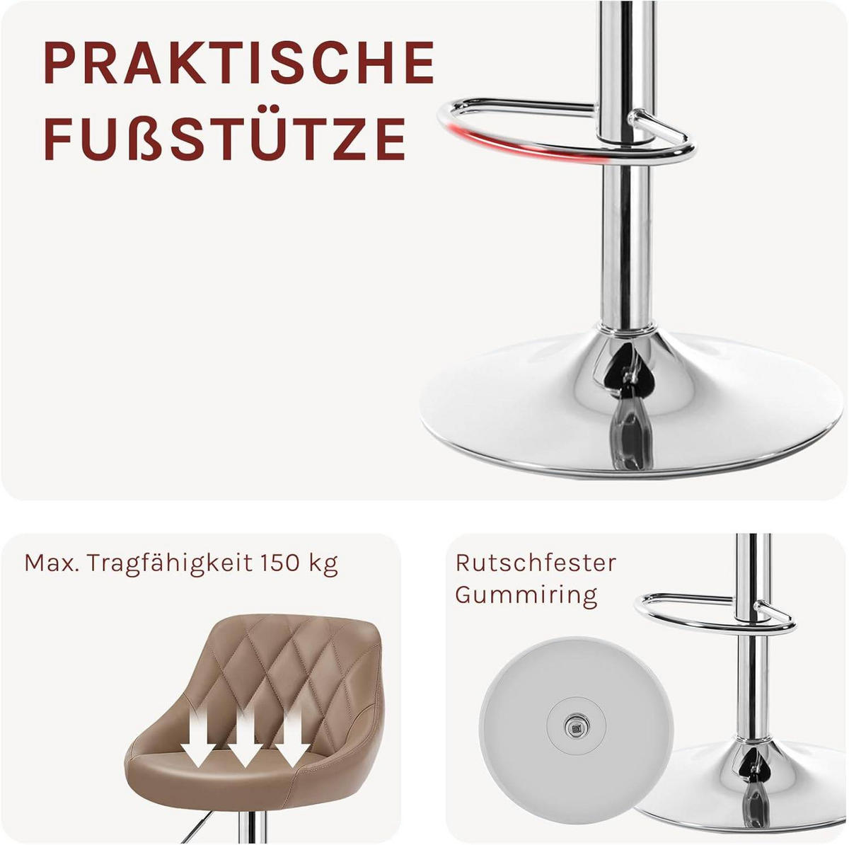 BARHOCKER 2er Set, Kunstleder,Höhenverstellbar, 360° Drehbar - Hellbraun, Metall (47/104/39cm) - Woltu