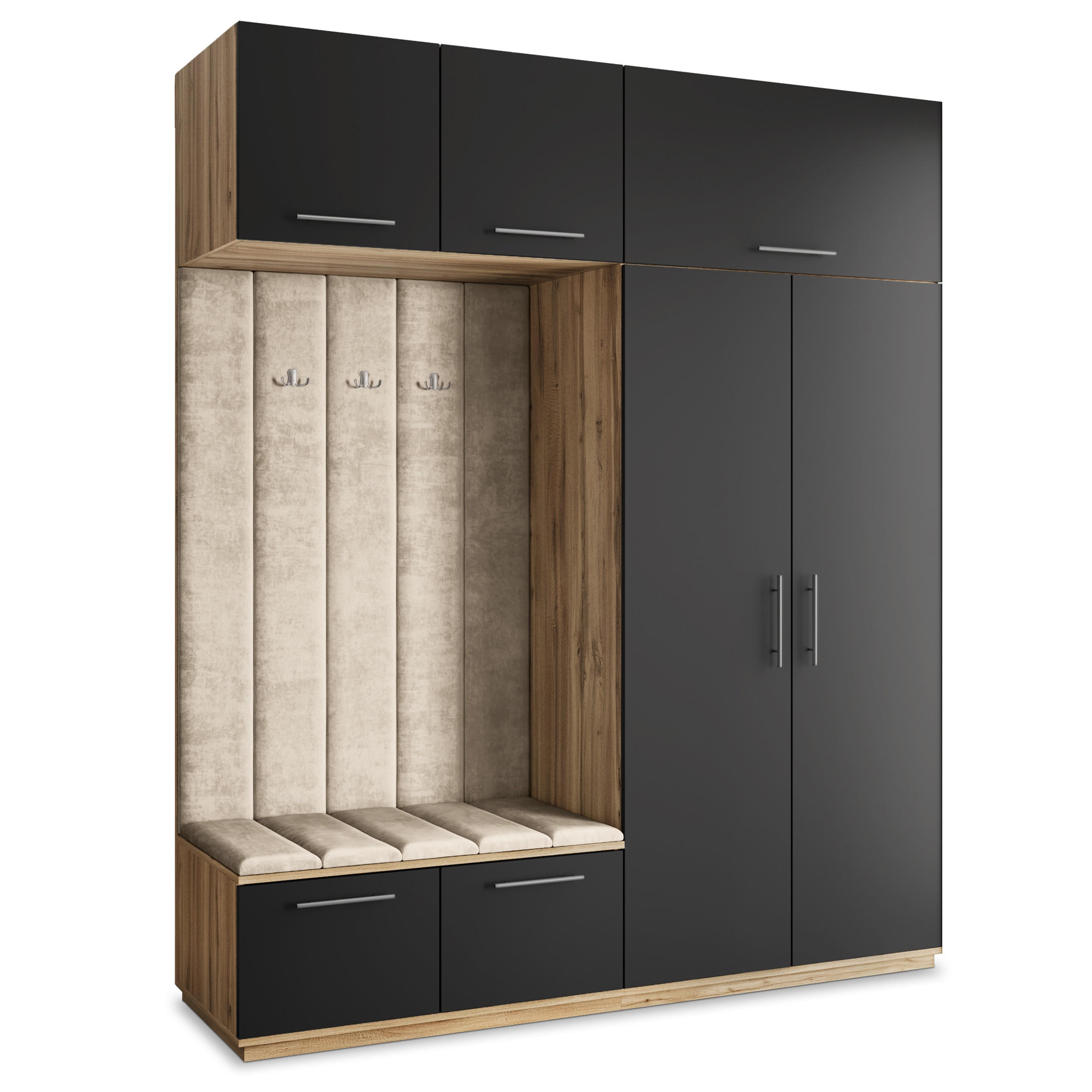 Masseno Garderobenschrank Eiche Wotan, Schwarz, Beige 200x240x60 cm