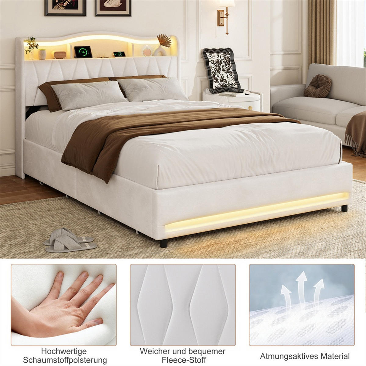 POLSTERBETT 160x200cm - Doppelbett mit 4 Schubladen - RGB-LED-Beleuchtung - Stauraum-Kopfteil - ohne Matratze - Beige - Beige, Textil (160/200cm) - DELFA
