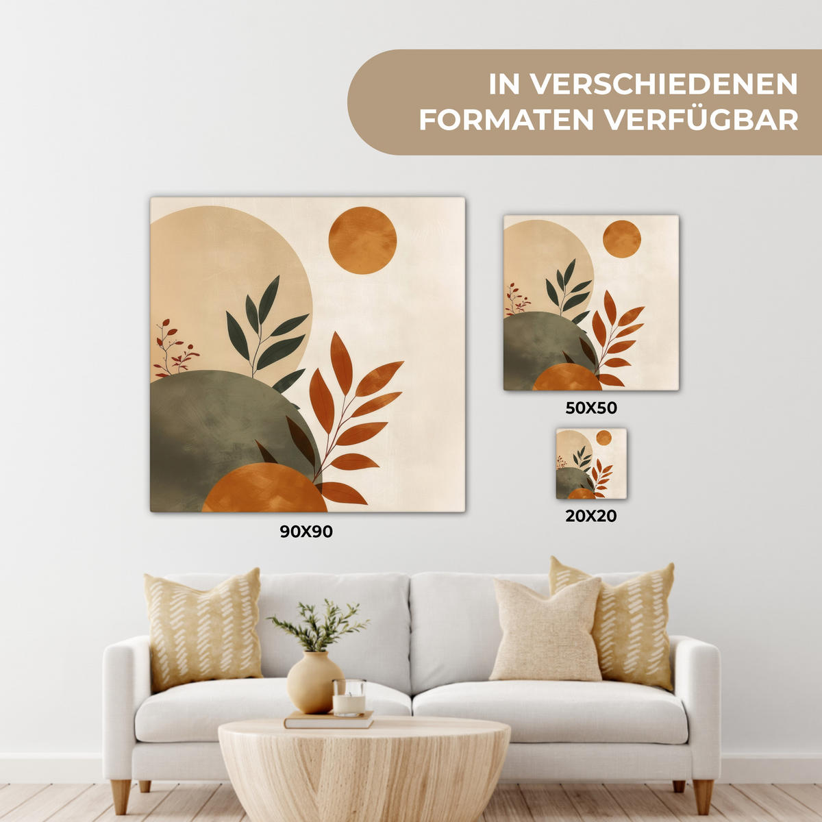 LEINWANDBILD Formen - Rund - Blätter - Beige 20x20 cm - Rostfarben, Textil (20/20cm) - MuchoWow