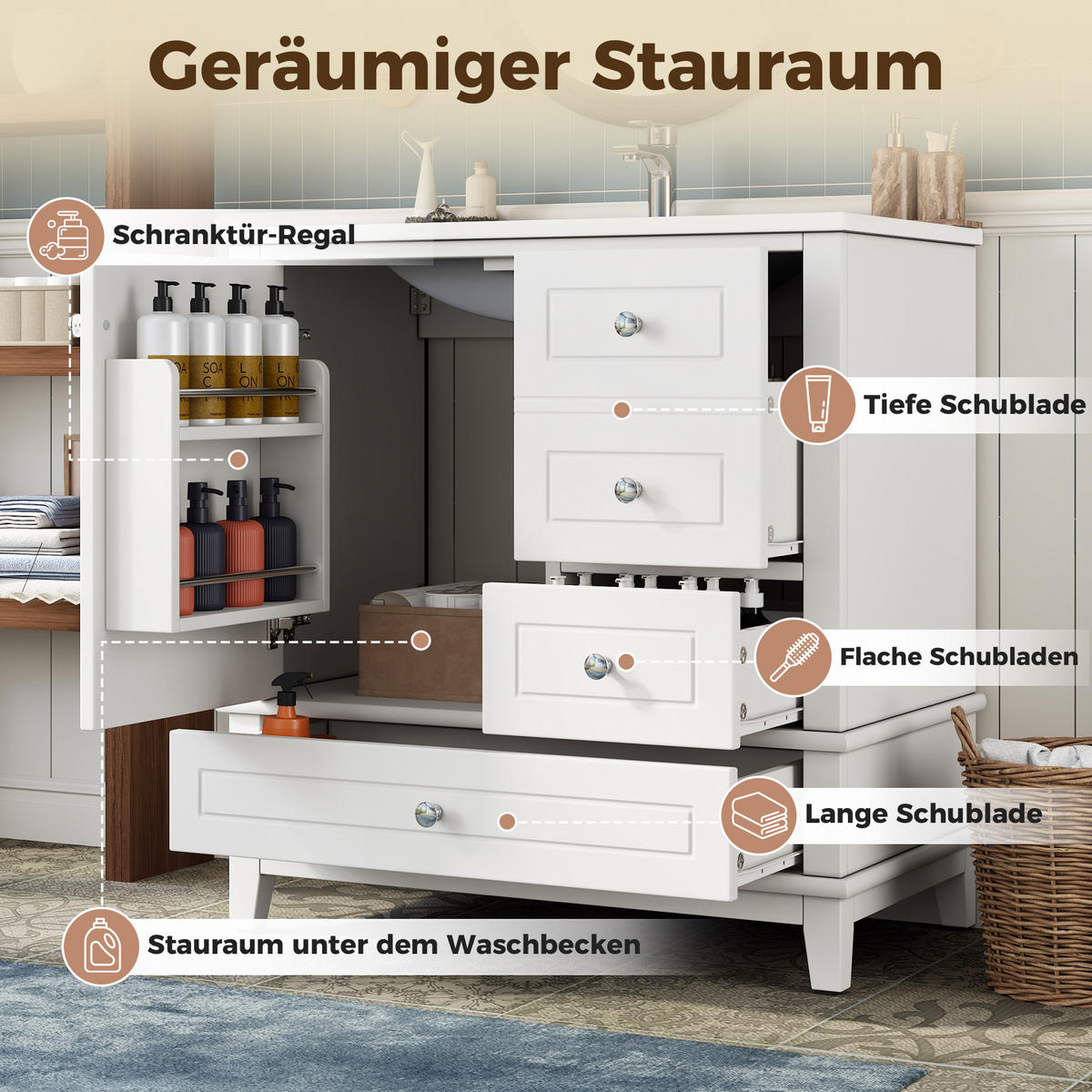 BADEZIMMERSCHRANK Weiß Lackiert 3 Schubladen Tür Stauraum 81cm - Weiß, Keramik (81/86/47cm) - FLIEKS