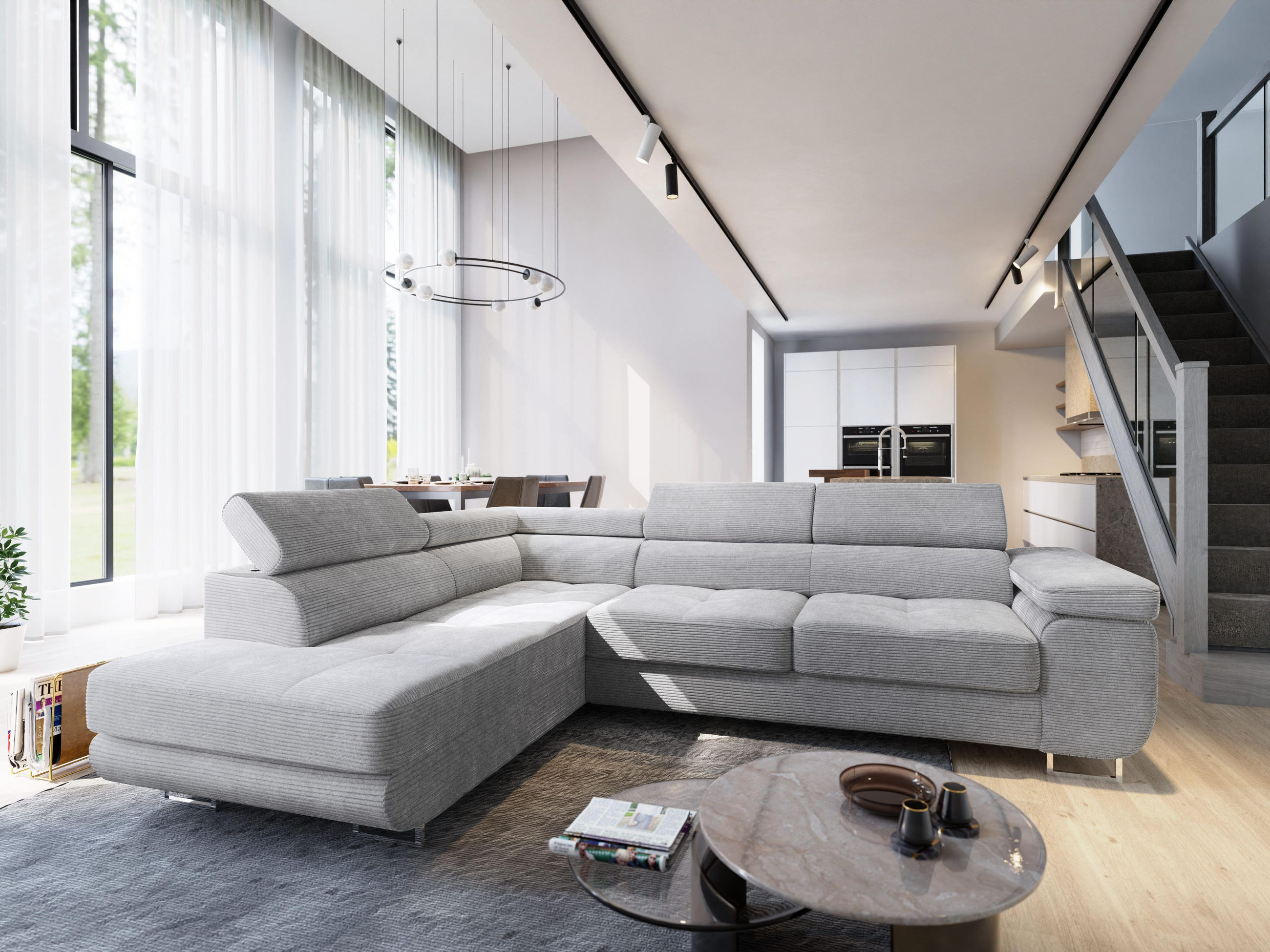 ECKSOFA APIRO L-S Hellgrau Kordstoff mit Schlaffunktion - Hellgrau, Holz (276/202cm) - MASSENO