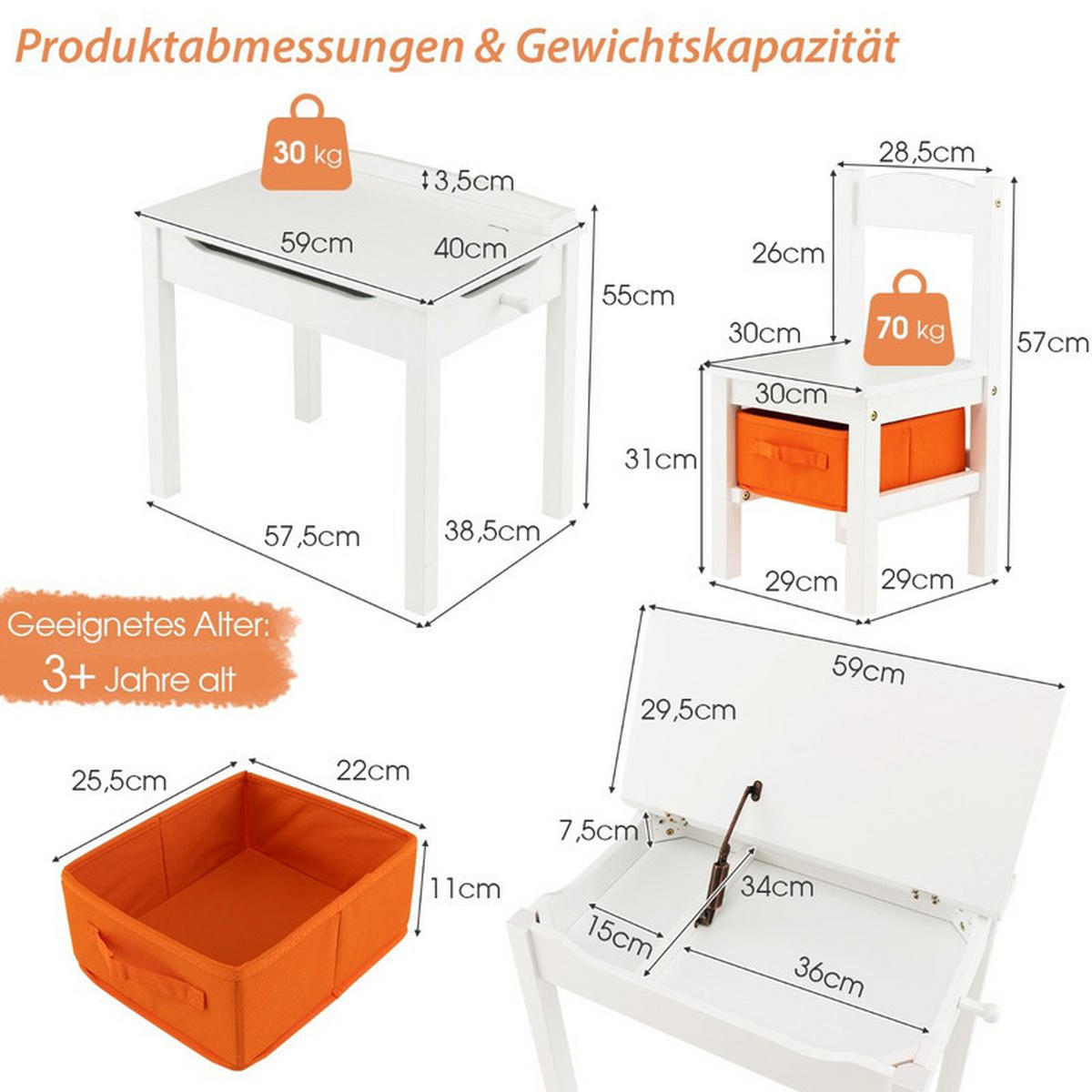 KINDERTISCH‑SET aus Massivholz weiß(2-tlg) - Weiß, Holz (59/55/40cm) - COSTWAY