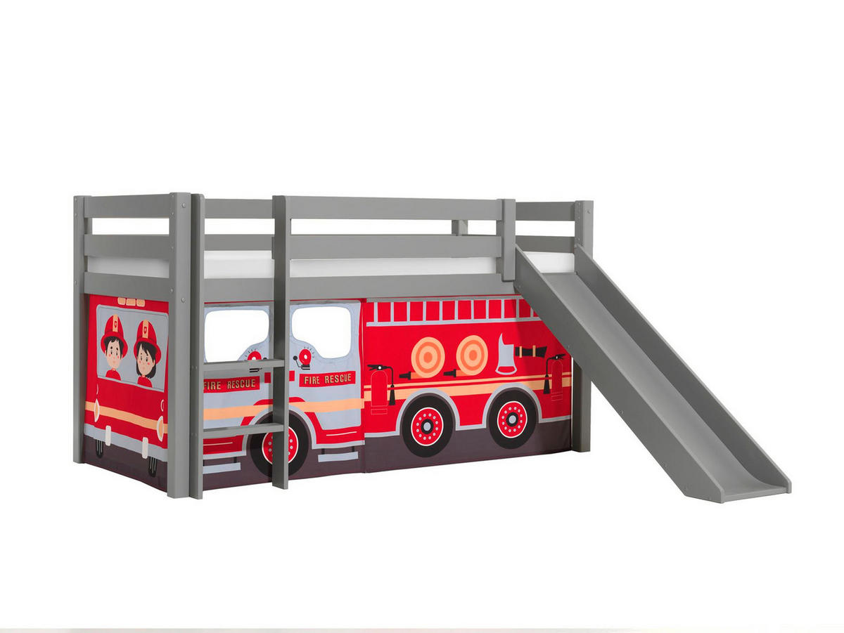 HOCHBETT mit Rutsche Karolina Massivholz Grau Textilset Feuerwehr - Grau/Dunkelrot, Holz (90/200cm) - 58aufmkessel