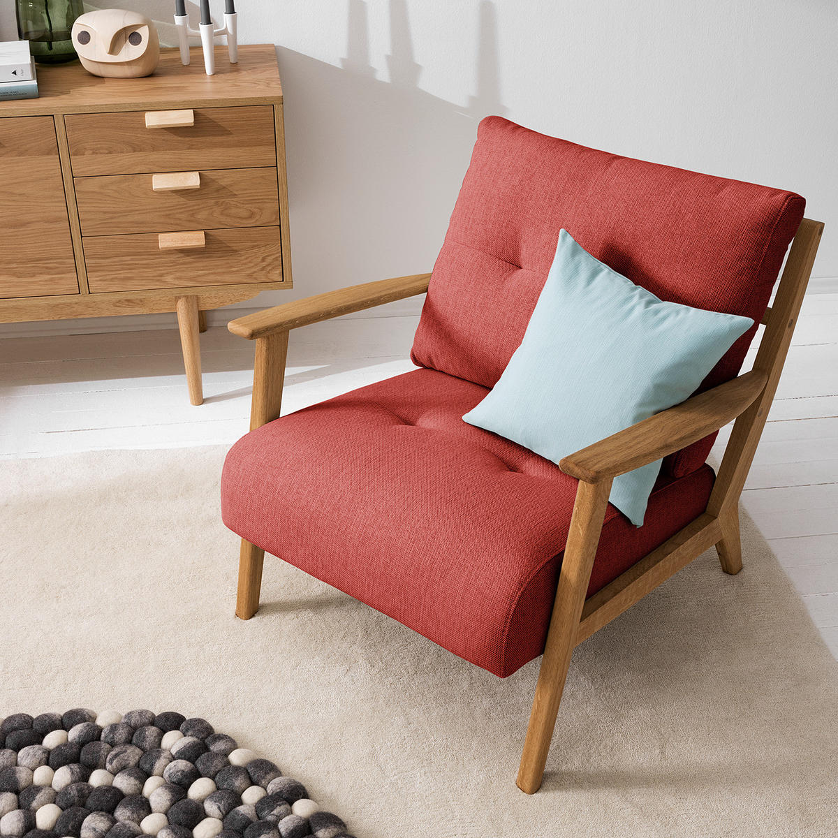 SESSEL - Eichefarben/Rot, Eichenholz/Textil (83/80/75cm) - home24