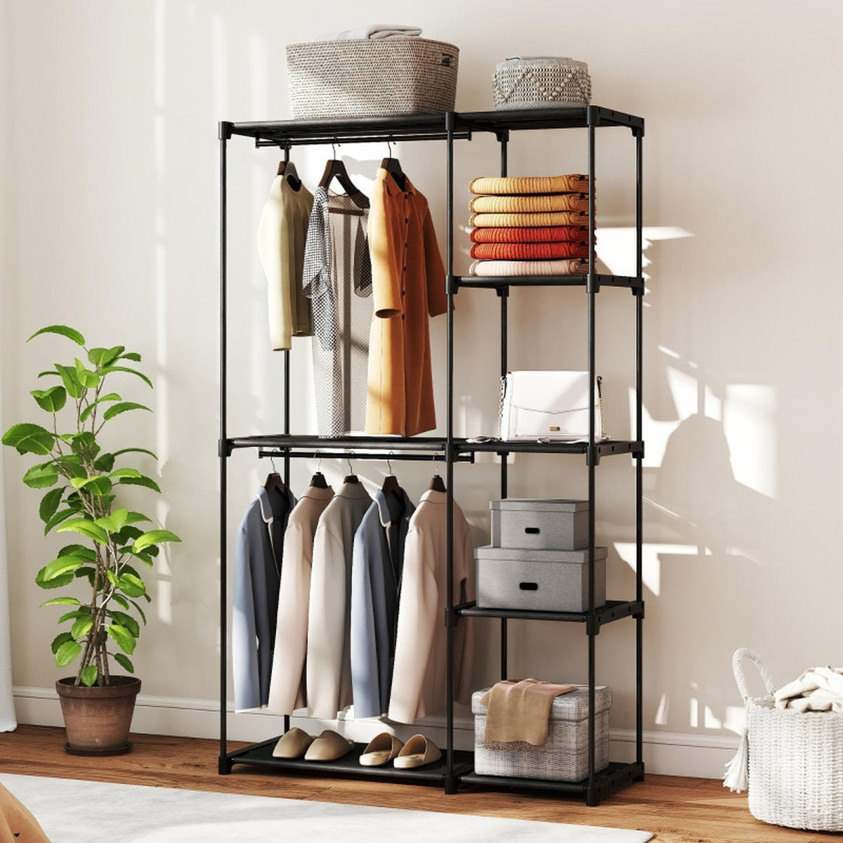 STOFFSCHRANK mit Kleiderstangen & 6 Ablagen, 111/43/185 cm, Schwarz - Schwarz, Metall (43/185/111cm) - Redom
