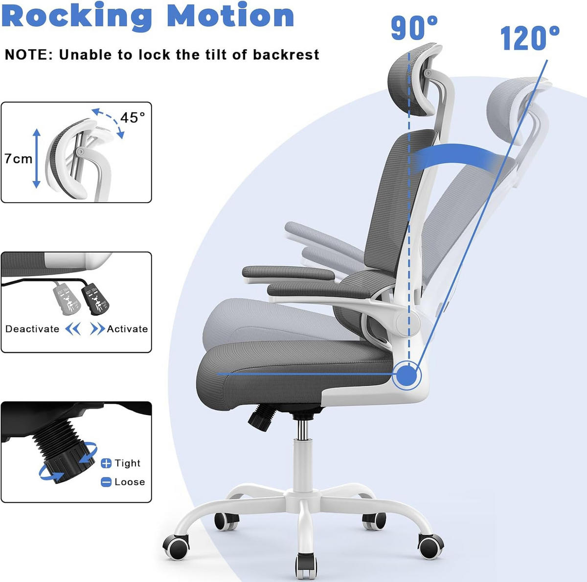 BÜROSTUHL Weiß-Grau ergonomisch Netz verstellbar - Grau, Metall (25/52.5/65cm) - Rattrix
