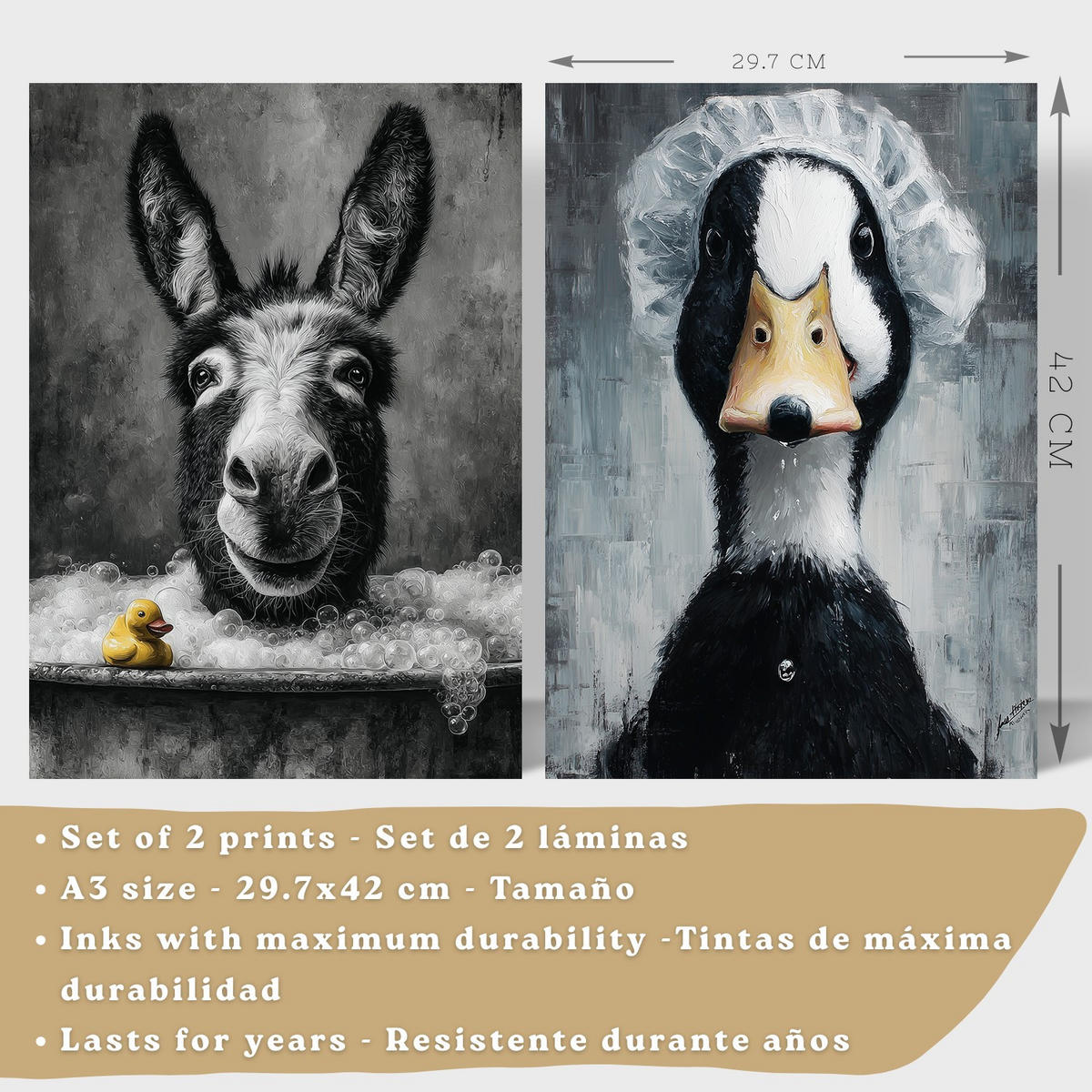 POSTER 2er-Set dekorative Badezimmer-Kunstdrucke, lustige für Wand, Toilette und mit Tieren in der Badewanner, Stil Leichter Holzrahmen A3 - Beige, Papier (42/29.7/3cm) - Nacnic