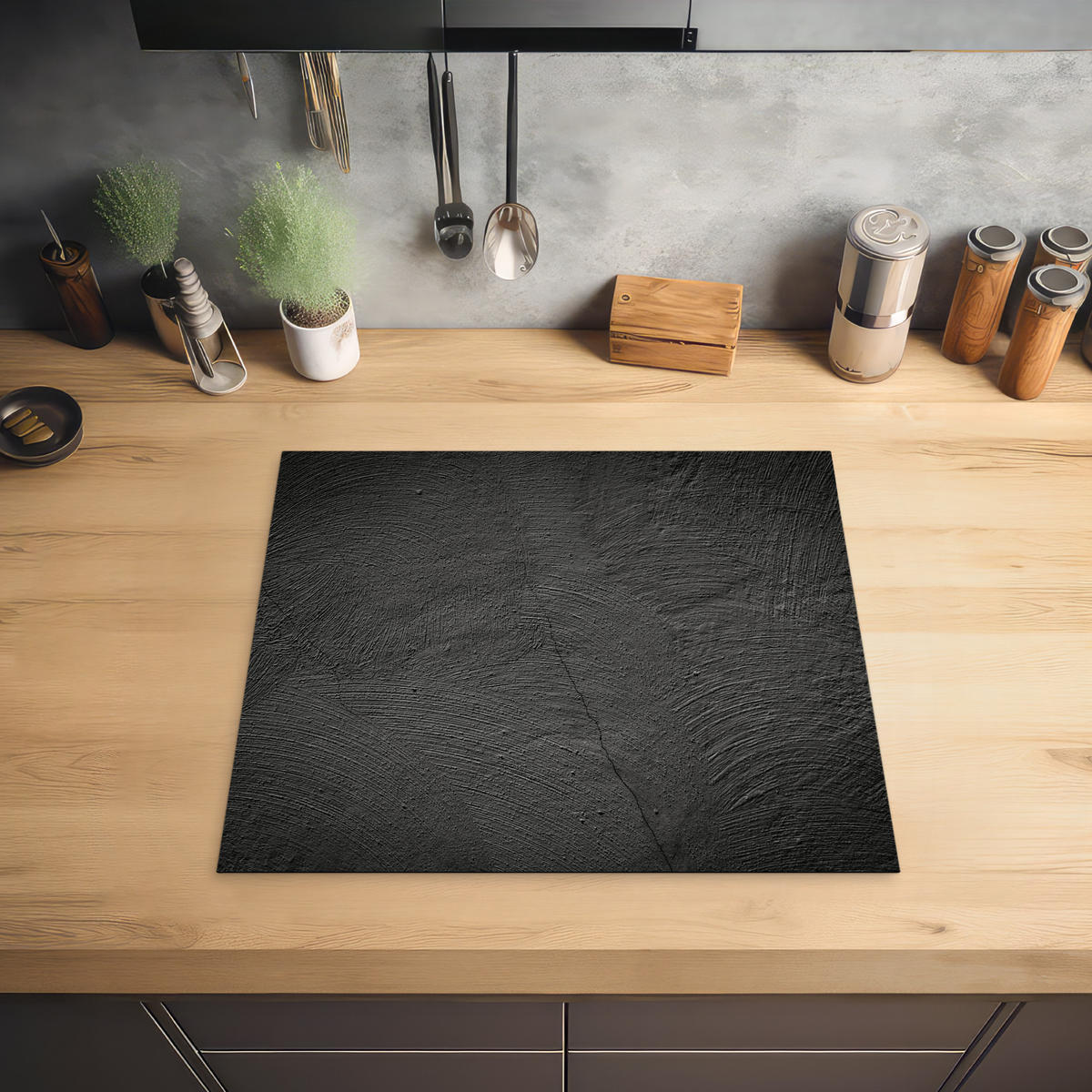 HERDABDECKPLATTE Beton - Schwarz - Industriell Ceranfeldabdeckung 59x52 cm - Anthrazit, Kunststoff (59/52/0.2cm) - MuchoWow