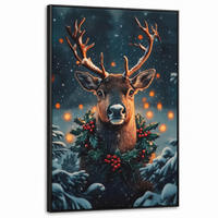 LEINWAND Bilder mit Rahmen - Hirsch - Weihnachten - Winter - Schnee - Weihnachtskranz - 80x120 - Dunkelbraun, Textil (80/120cm) - MuchoWow