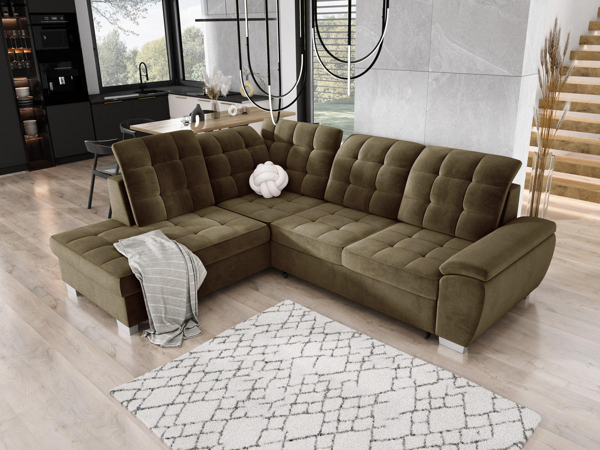 ECKSOFA LOTTA SALVADOR Bettkasten verstellbare Kopfstützen hochwertige Verarbeitung lose Rückenkissen freistehend LINKS 212x258x106 cm Olive green - Olivgrün, Holz/Textil (212/258cm) - DomoHome