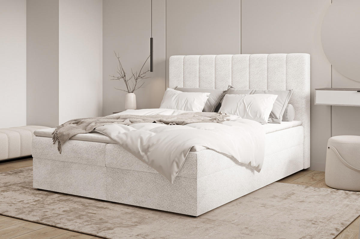 BOXBETT 01 140 x 200 cm - Arena – Stilvoll und bequem Mit Bettkasten, PU-Topper, Federmechanismus, waschbarer Bezug - Weiß, Holz (140/200cm) - ROYAL24_MARKT