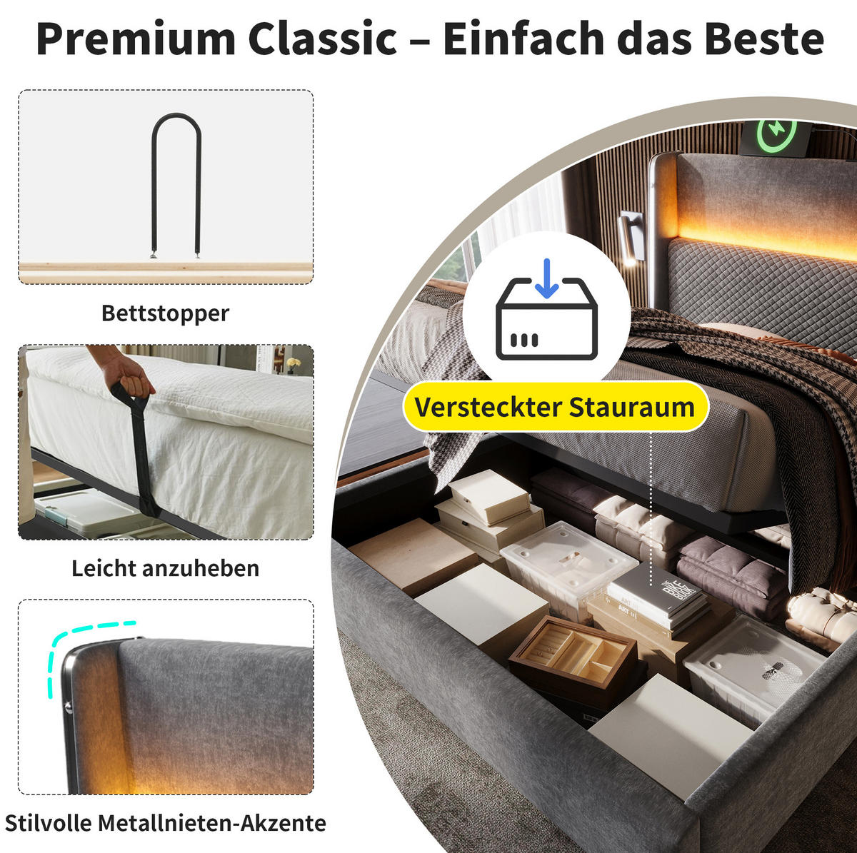 POLSTERBETT 140/200 cm mit LED-Beleuchtung, USB- und Type-C-Anschluss, hydraulischem Stauraum und Matratze, Grau - Grau, Textil (140/200cm) - Redom