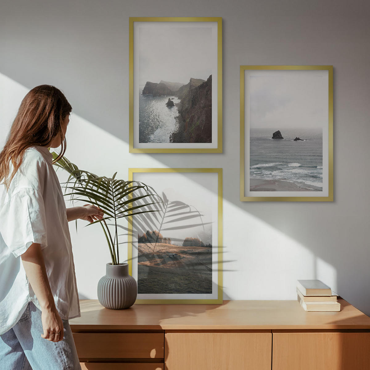 WANDBILDER 3er Set - 40x60 cm Goldrahmen - Landschaften aus Bergen und Meer - Goldfarben, Kunststoff (40/60cm) - ArtPrintCave