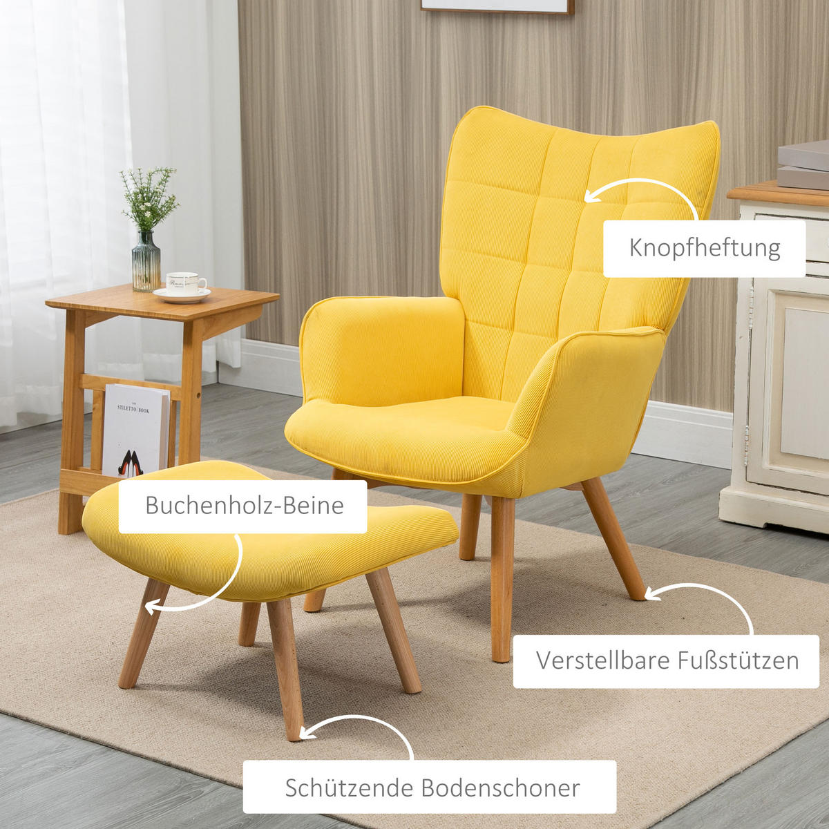 OHRENSESSEL mit Hocker, Relaxsessel, Polstersessel in Cord-Optik, mit Holzbeine - Gelb, Holz (80/101/72cm) - HOMCOM