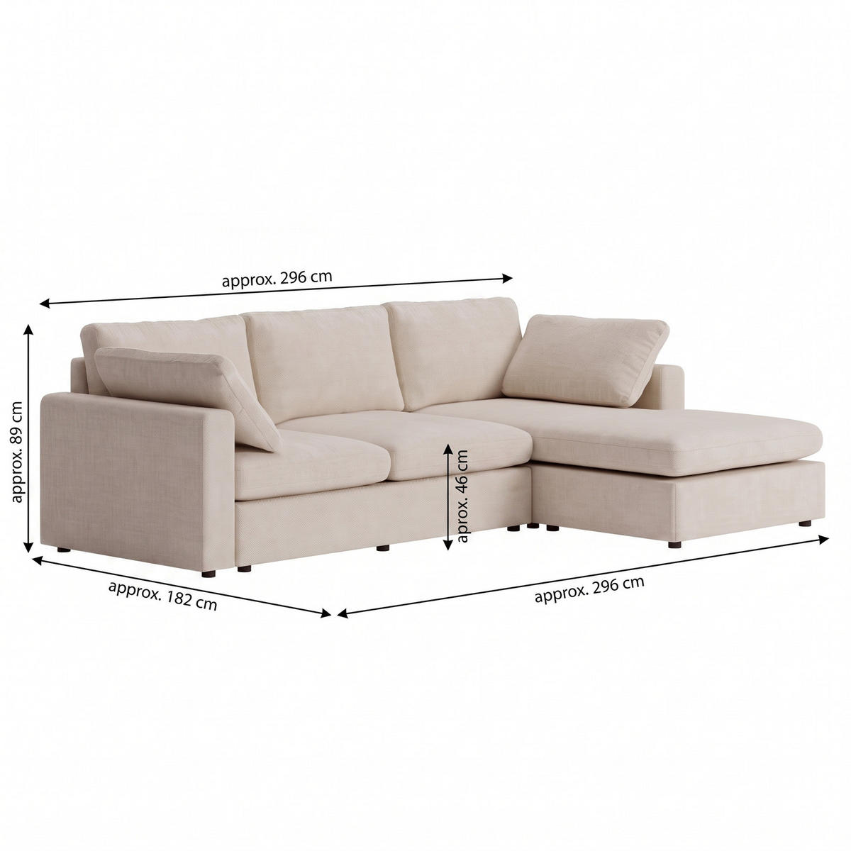 SCHÄSLONGSOFFA Lux för 3 personer 296 x 182 x 89 cm – grå - Grå, Textil (296/89/182cm) - ebuy24