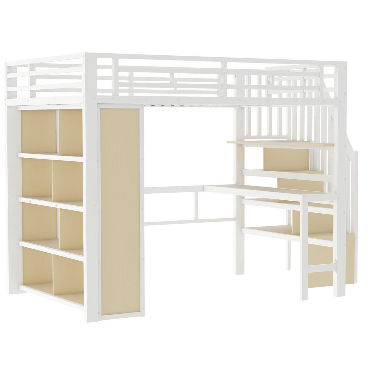 HOCHBETT aus Metall und MDF 140x200 cm Weiß mit Schreibtisch, Stauraumtreppe, Regalen und LED-Lichtleiste - Weiß, Metall (140/200cm) - Modfu