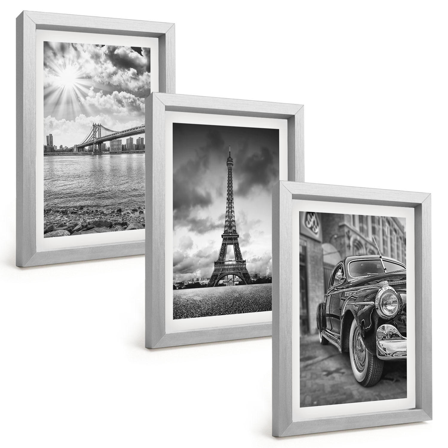 BILDER SET 3er Set - 20x30 cm Silberner Rahmen - Stadtansichten, Brücken, Eiffelturm - Silberfarben, Kunststoff (20/30cm) - TULUP