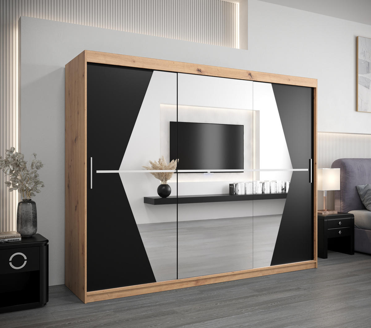 SCHWEBETÜRENSCHRANK 200/250/62 3-türig - Silberfarben/Schwarz, Holz/Kunststoff (250/200/62cm) - Abiks Möbel