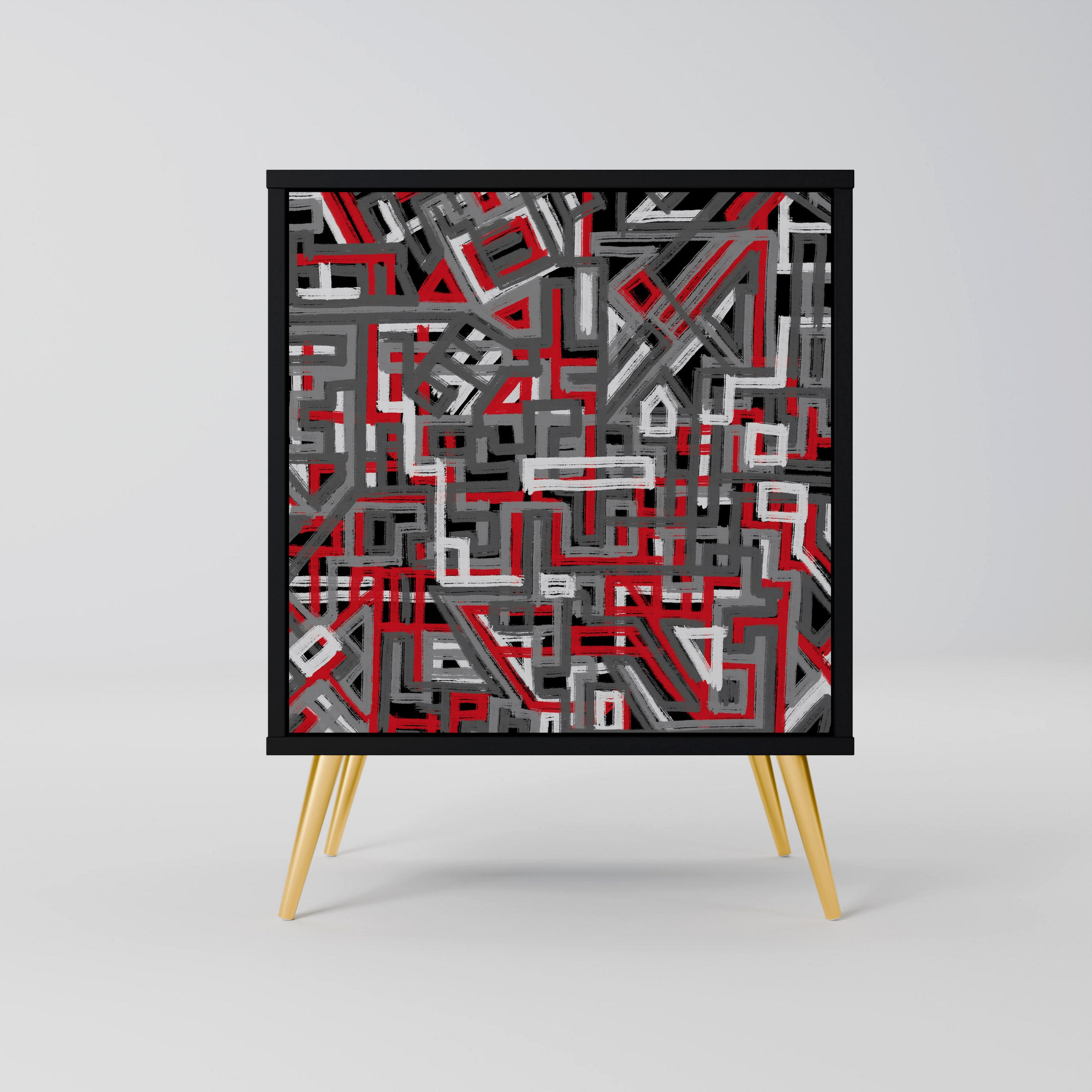 SIDEBOARD BROKEN LINES, Schwarz, 57,5x42x75,5 cm, Goldfarbene Metallfüße - Goldfarben/Multicolor, Holzwerkstoff/Metall (57.5/75.5/42cm) - SpaceRebels