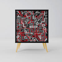 SIDEBOARD BROKEN LINES, Schwarz, 57,5x42x75,5 cm, Goldfarbene Metallfüße - Goldfarben/Multicolor, Holzwerkstoff/Metall (57.5/75.5/42cm) - SpaceRebels