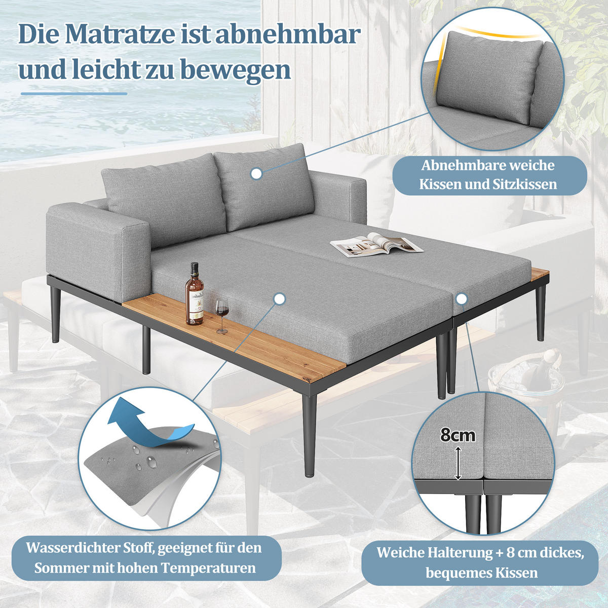 DOPPELBETT Outdoor Wasserdicht Mit Regalen - Grau, Metall (140/30/150cm) - FLIEKS