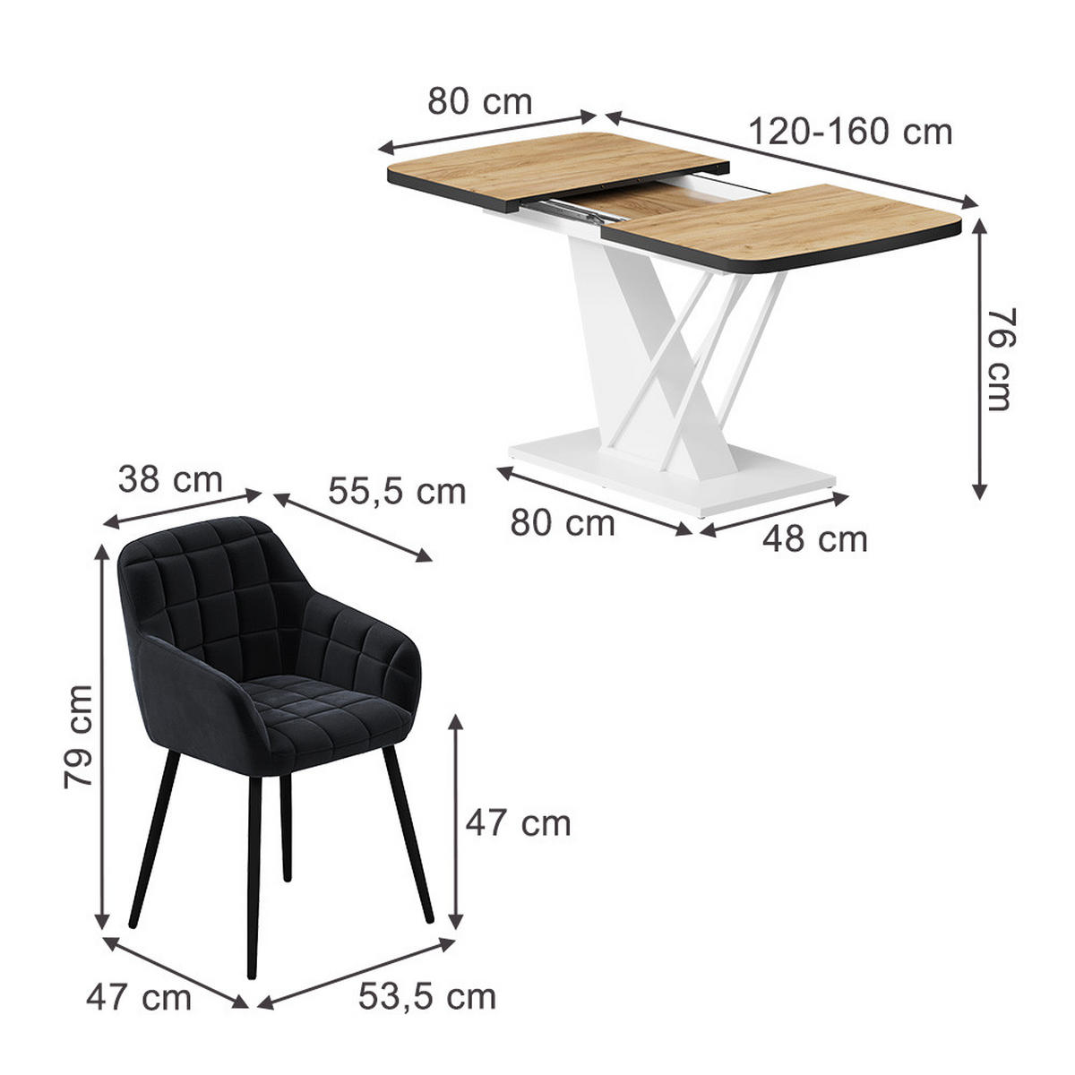 SÚPRAVA JEDÁLENSKÉHO STOLA Fenaro, Dub Goldkraft/biely, 120 x 80 cm so 4 jedálenskými stoličkami - biela/farba duba, kompozitné drevo (120/76/80cm) - Vicco