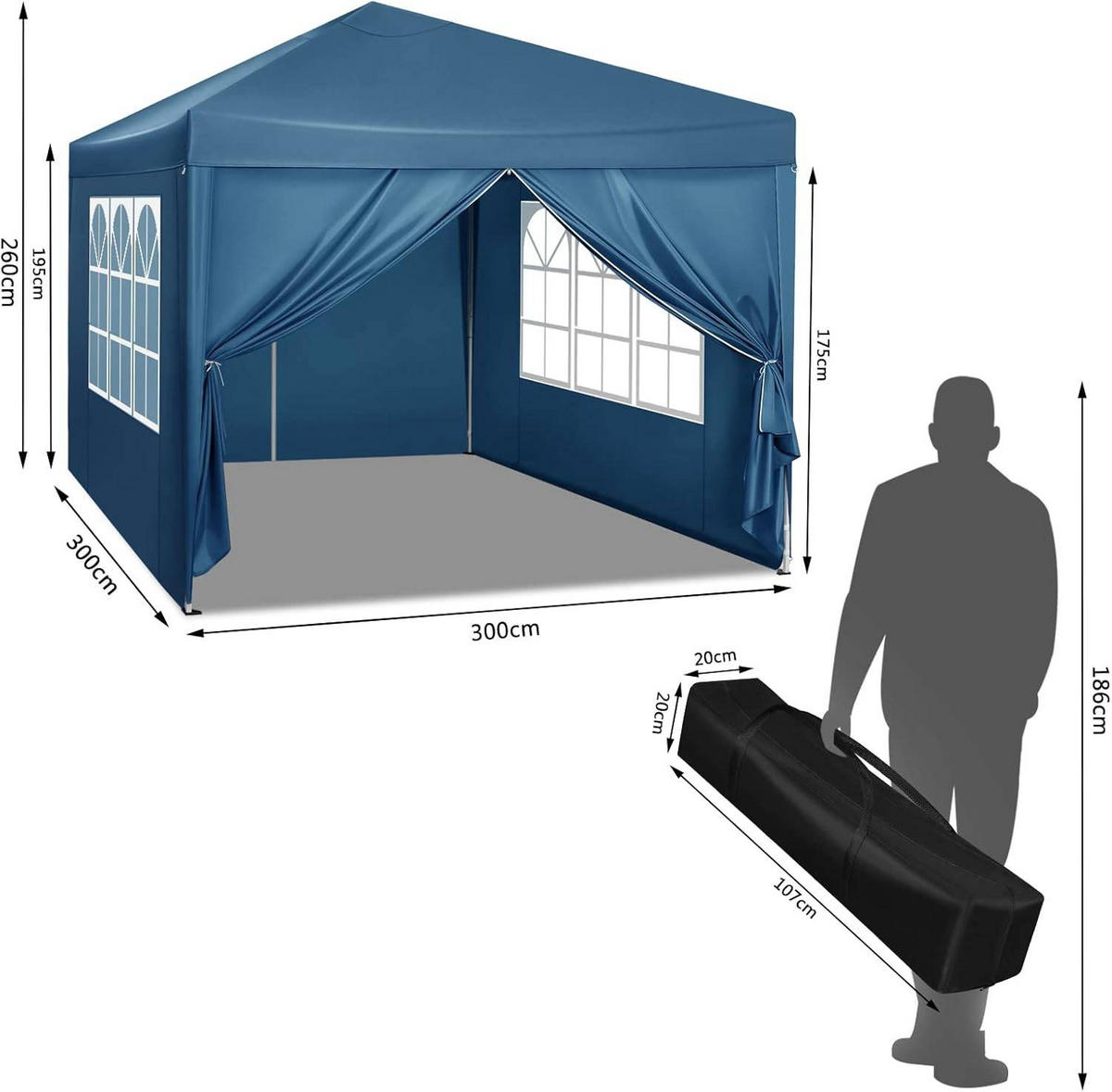 PAVILLON Pop-Up wasserdichter Faltpavillon, aus Oxford Metallrahmen 3 x 3 m - Blau, Metall (300/300/260cm) - Woltu