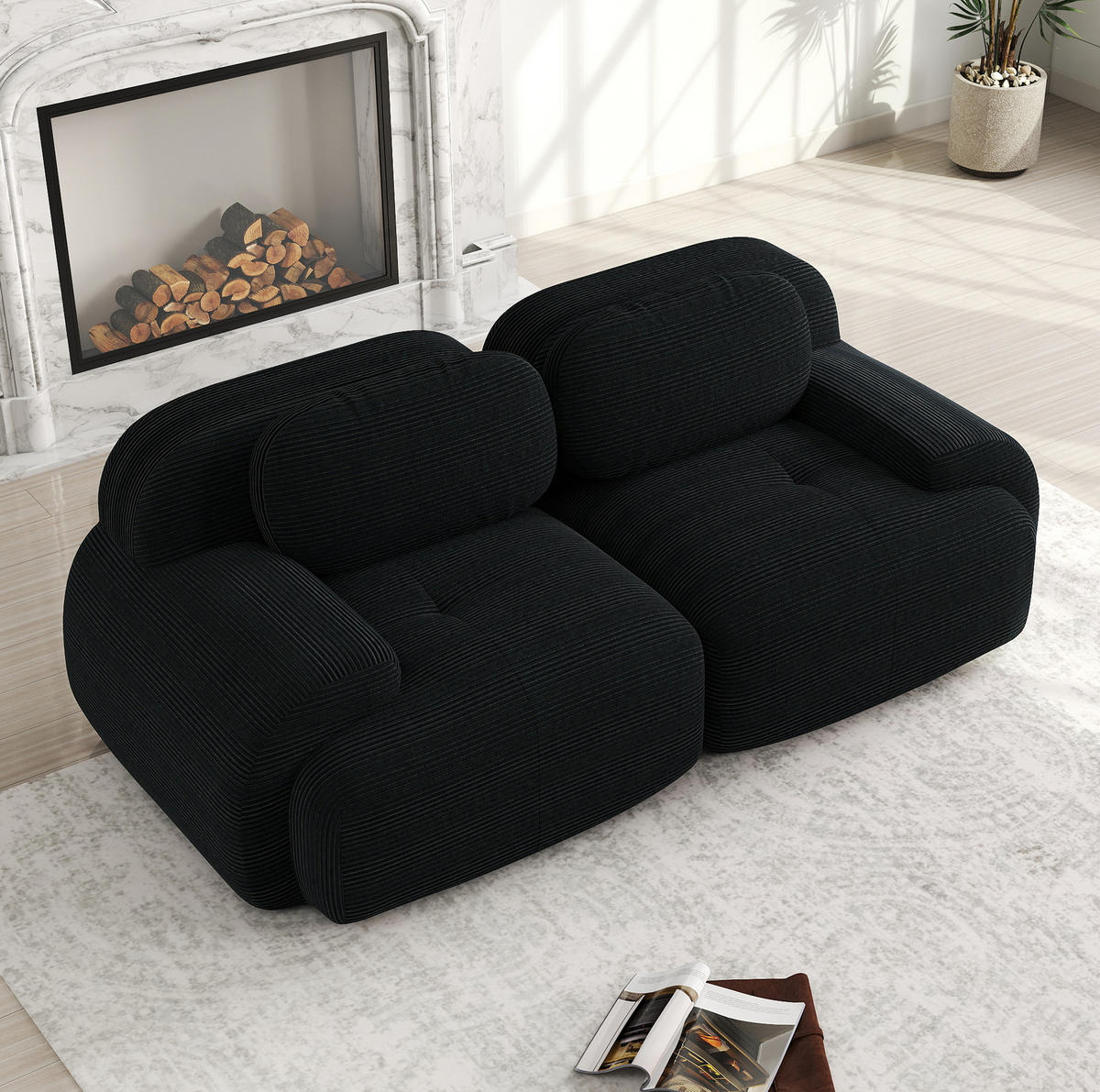 2-SITZER-SOFA Ecksofa 208/103/75 cm schwarz aus Cordstoff mit geschwungenen Armlehnen - Schwarz, Textil (103/75/208cm) - OKWISH